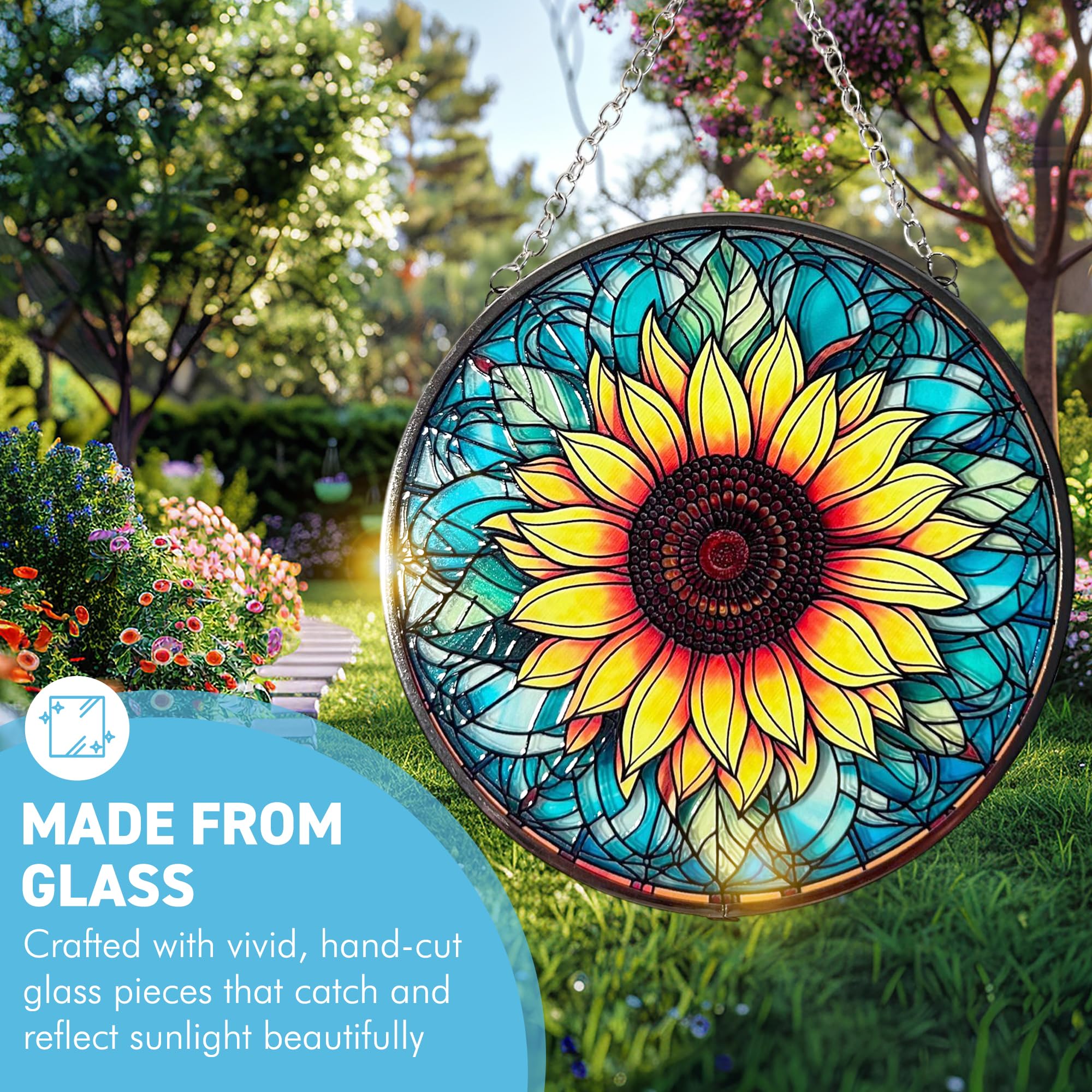 Vibrant Sunflower Stained Glass Suncatcher, 6-Inch Decorative Window Ornament, Multicolor, 6 Inch Diameter - Image 3