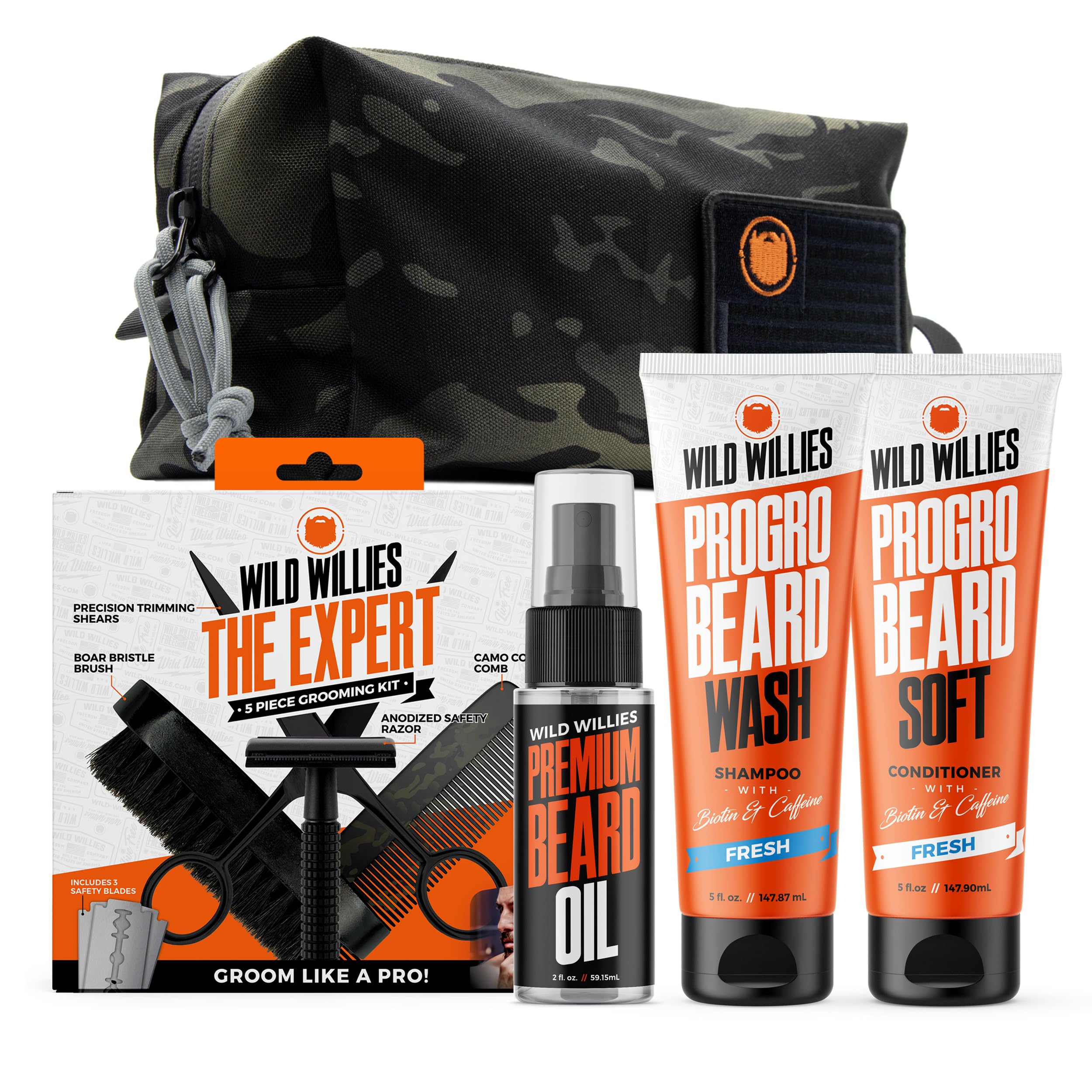 Complete Beard Grooming Kit for Men - Includes 5 Piece Grooming Kit, PROGRO Shampoo Wash & Conditioner, & Premium Hair Oil for Daily Use, Beard Growth & Hydration