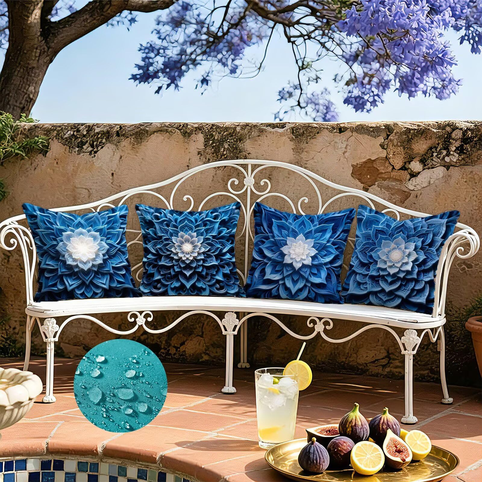 Blu Federe Cuscini Divano 60x60cm, Cuscini da Esterno Set de 4, Cod-153 | Lin Copricuscini Decorativi Letto Arredo, per Letto, Soggiorno, Giardino, Esterno, Casa Decorazione Set di 4 Fiore