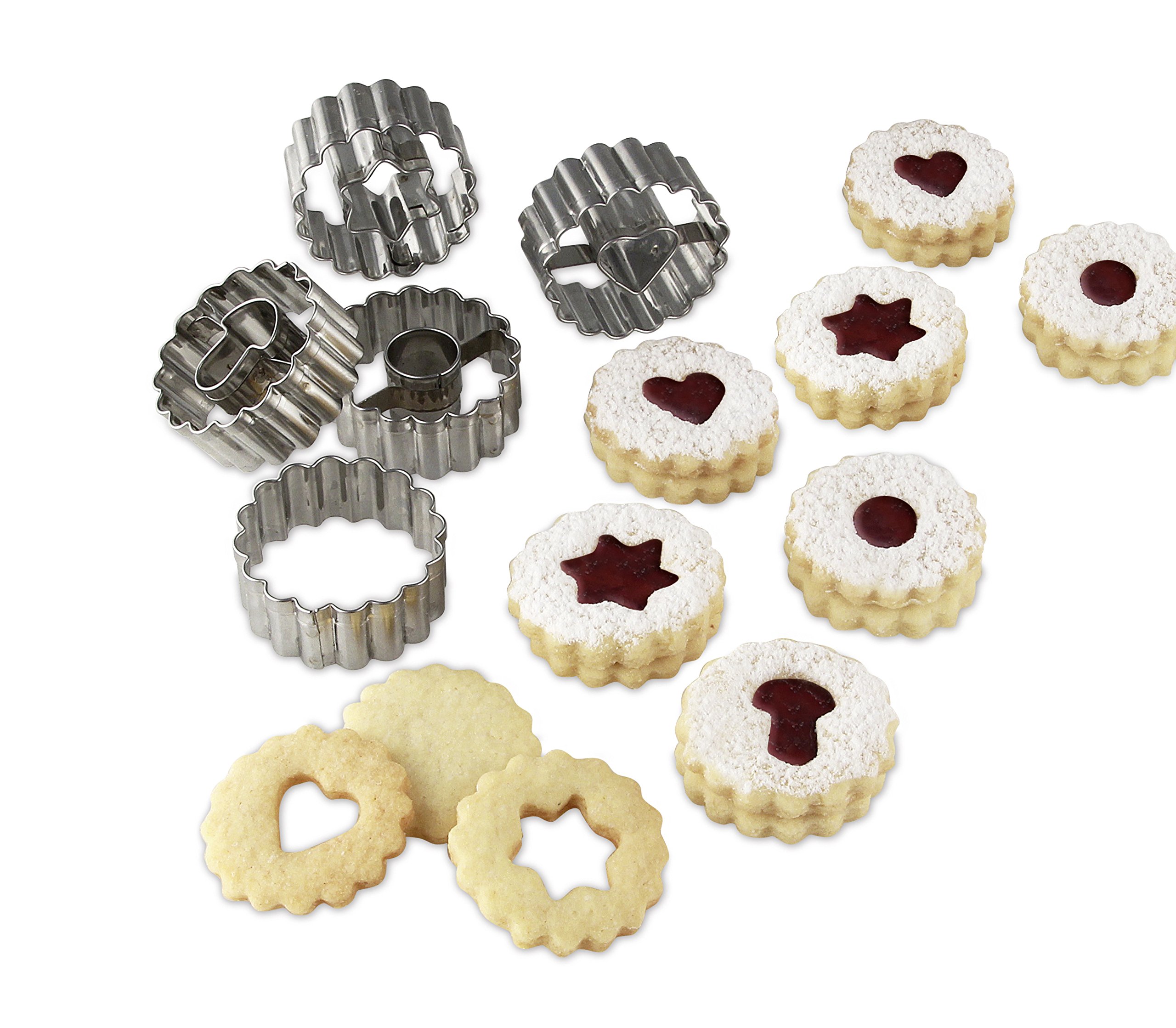 Dr. Oetker Ausstecherset "Leckere Weihnachtsplätzchen und Kekse für die kalte Jahreszeit", Teigroller aus Holz mit Ausstechformen aus Edelstahl und Linzer Ausstecher, Menge: 1 x 3er Set