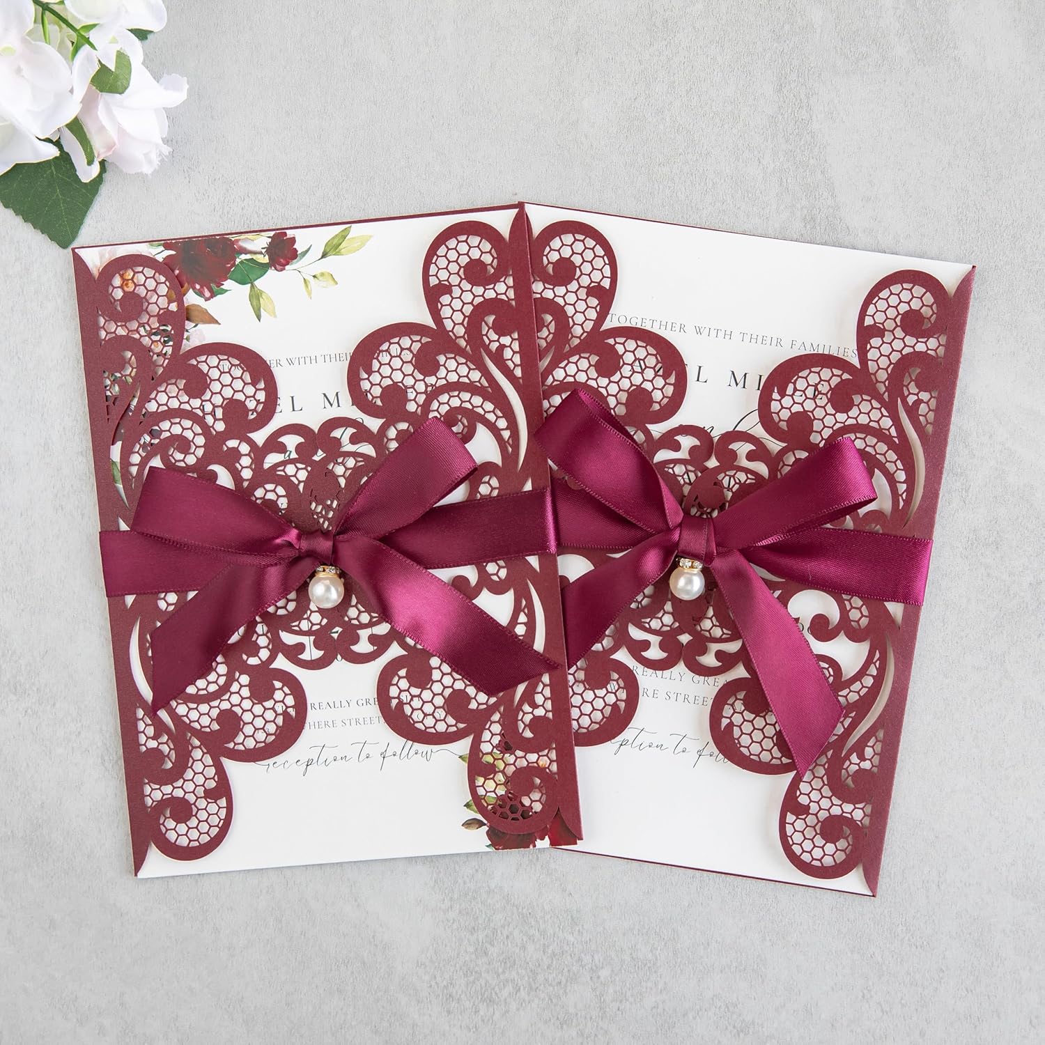 20Pcs 5.12x7.09 inch Laser Cut Wedding Invitation Cards With Envelopes and Ribbons for Quinceanera Bridal Shower Baby Shower Party Invite (Burgundy)