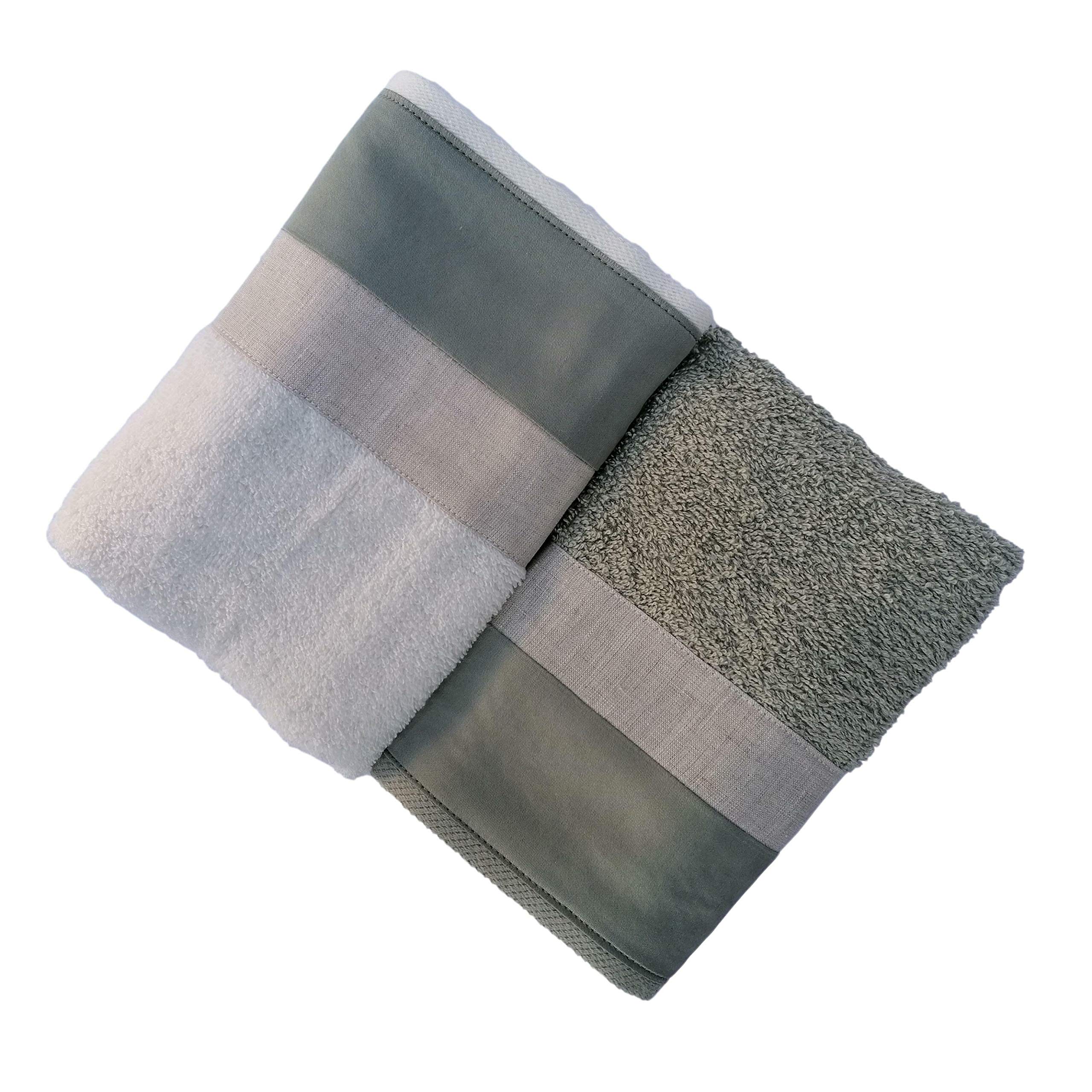 RICAMI FIORENTINI BALDI Set Asciugamani con Balza Lino e Raso, Spugna di Cotone 100%, 4 Pezzi: 2 Viso + 2 ospite. Idea Regalo. Prodotto Artigianale Toscano (4 Pezzi, Siena-Duo, Verde)