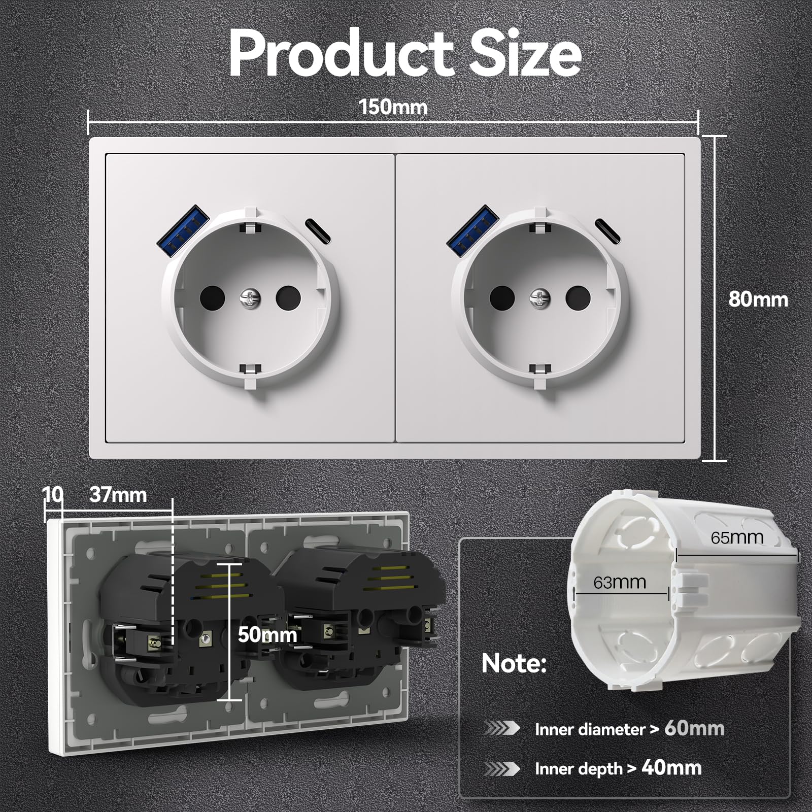 BSEED stopcontact met USB C, mat wandstopcontact inbouw met klauwen, Schuko stopcontact met kinderbeveiliging, alleen horizontaal te monteren, C-serie, 1 vak, 80 mm zwart