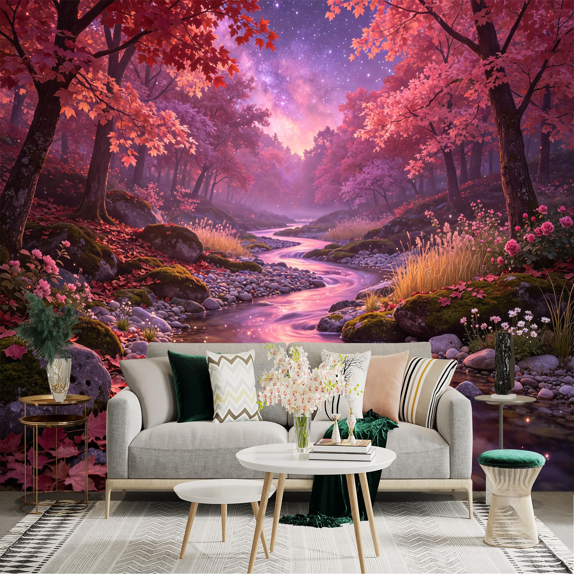 Lnzczhyre Bh260719109 Custom Size Wall Sticker Mural， Enchanted Pink Autumn Forest， Glowing River And Sparkly Milky Way， For Wall Decoration， Peelandstick Wall Decals.