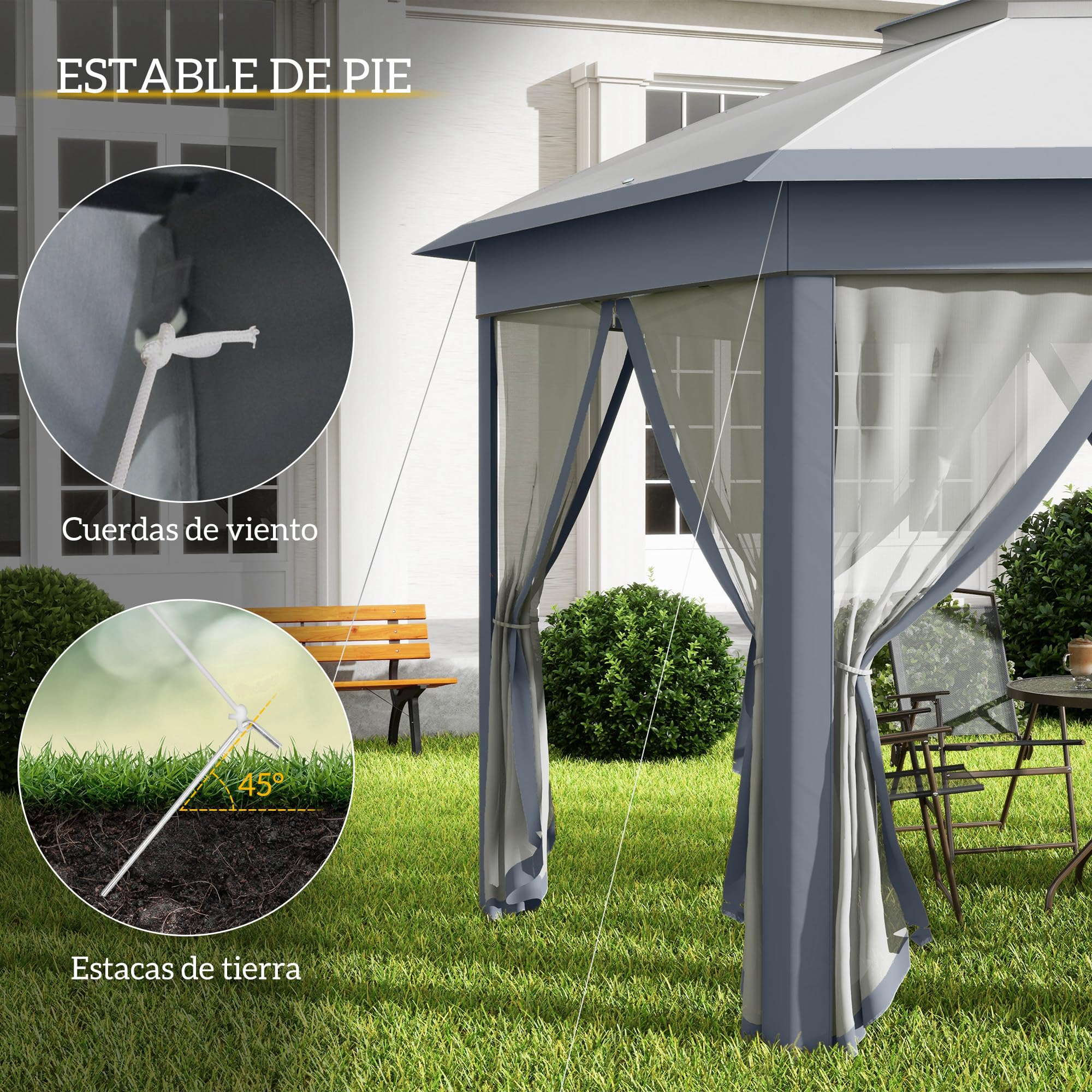 Outsunny Carpa Plegable 4x3,4 m, Cenador de Jardín Hexagonal con Doble Techo, 6 Mosquiteras Extraíbles y Bolsa de Transporte, Impermeable, Anti-UV para Exterior, Fiestas, Gris