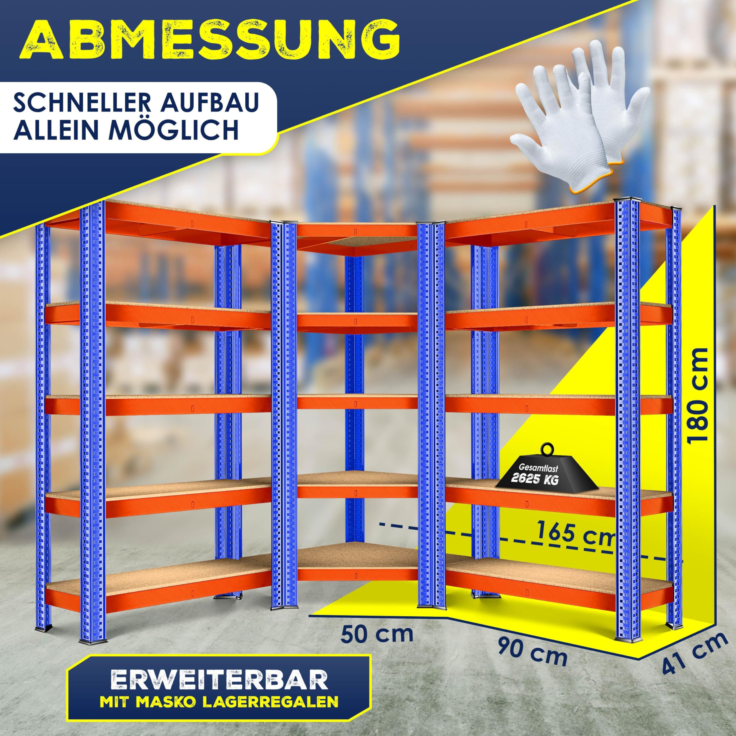 KESSER MASKO® 3-częściowy zestaw regałów, metalowy, regał magazynowy, 1 x regał narożny i 2 x regał magazynowy, 15 półek | płyta MDF, regał warsztatowy, do piwnicy, garażu, regał wtykowy do dużych