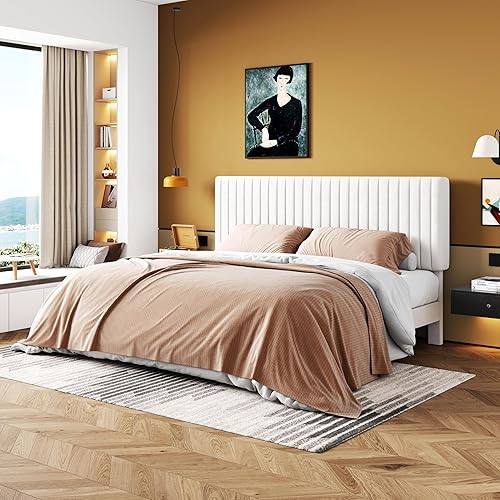 Miniatura 43 de HOOMIC Base de cama de plataforma de tamaño matrimonial, cama tapizada de terciopelo moderno con cabecera capitoné de canal vertical ajustable,