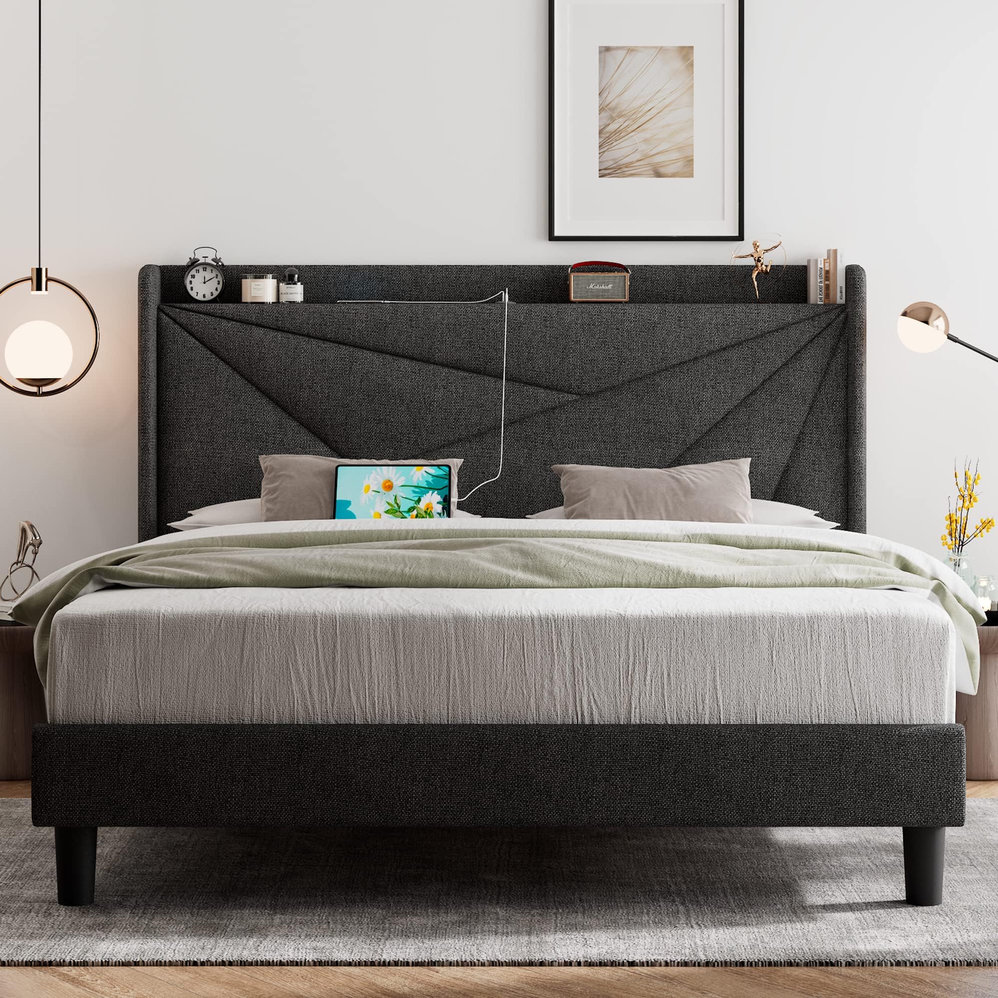 Queen Size Bed Frame with Charging Station, Linen Upholstered Platform Bed Frame with Wingback Storage Headboard, Solid Wood Slats Support, No Box Spring Needed, Noise Free, Dark Gray
