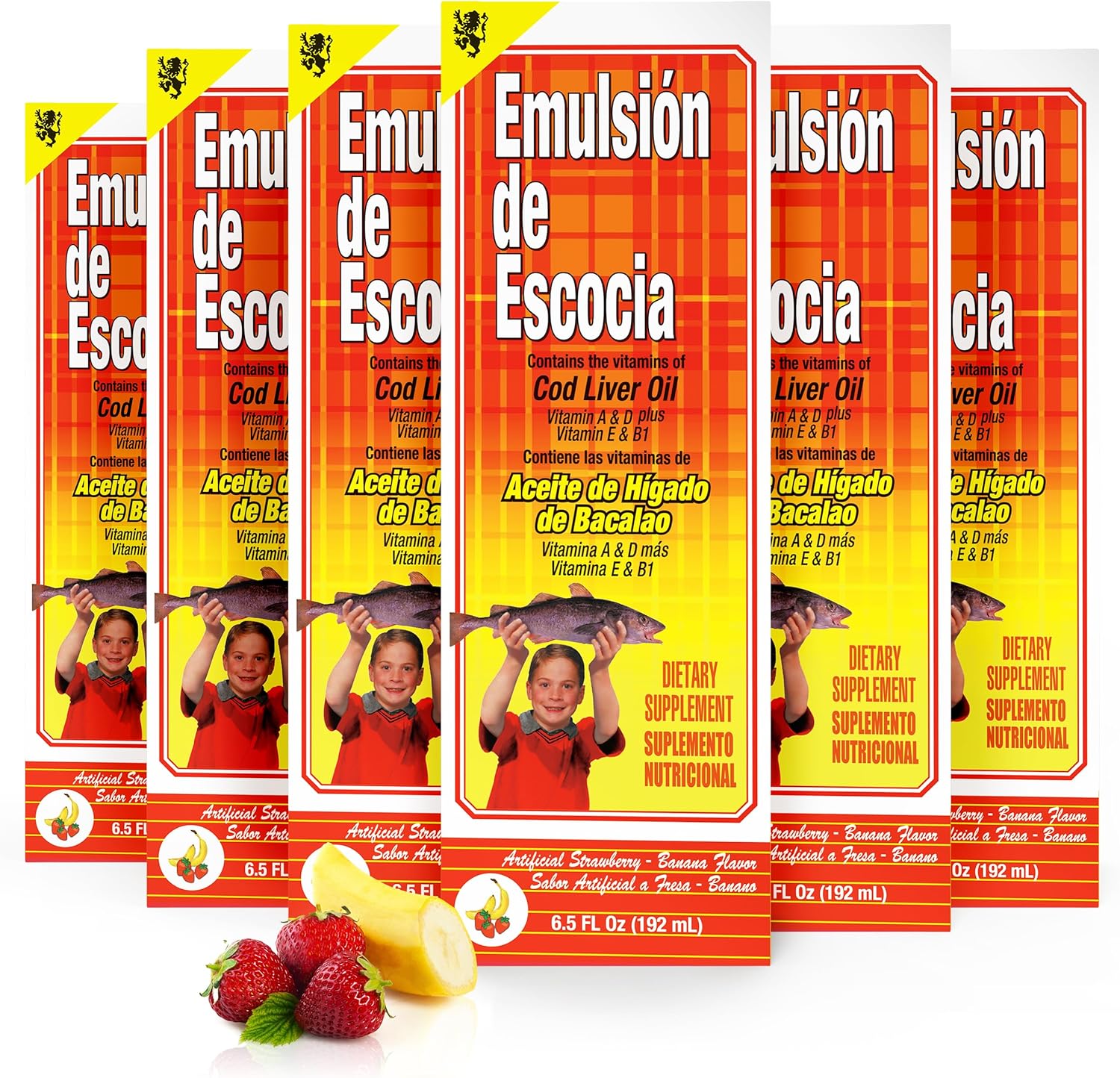 Emulsion de Escocia Strawberry Banana 6-Pack – Cod Liver Oil Liquid Supplement for Kids – Omega-3 Fish Oil with Vitamins A, D, E & B1 – Immune Support & Growth – 6.5 Fl Oz Bottles – Omega 3 for Kids