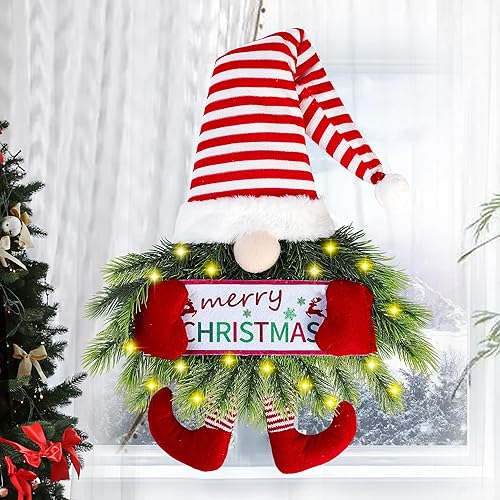 Sggvecsy Christmas Wreath Gnome Wreath with Lights Santa Gnome Christmas