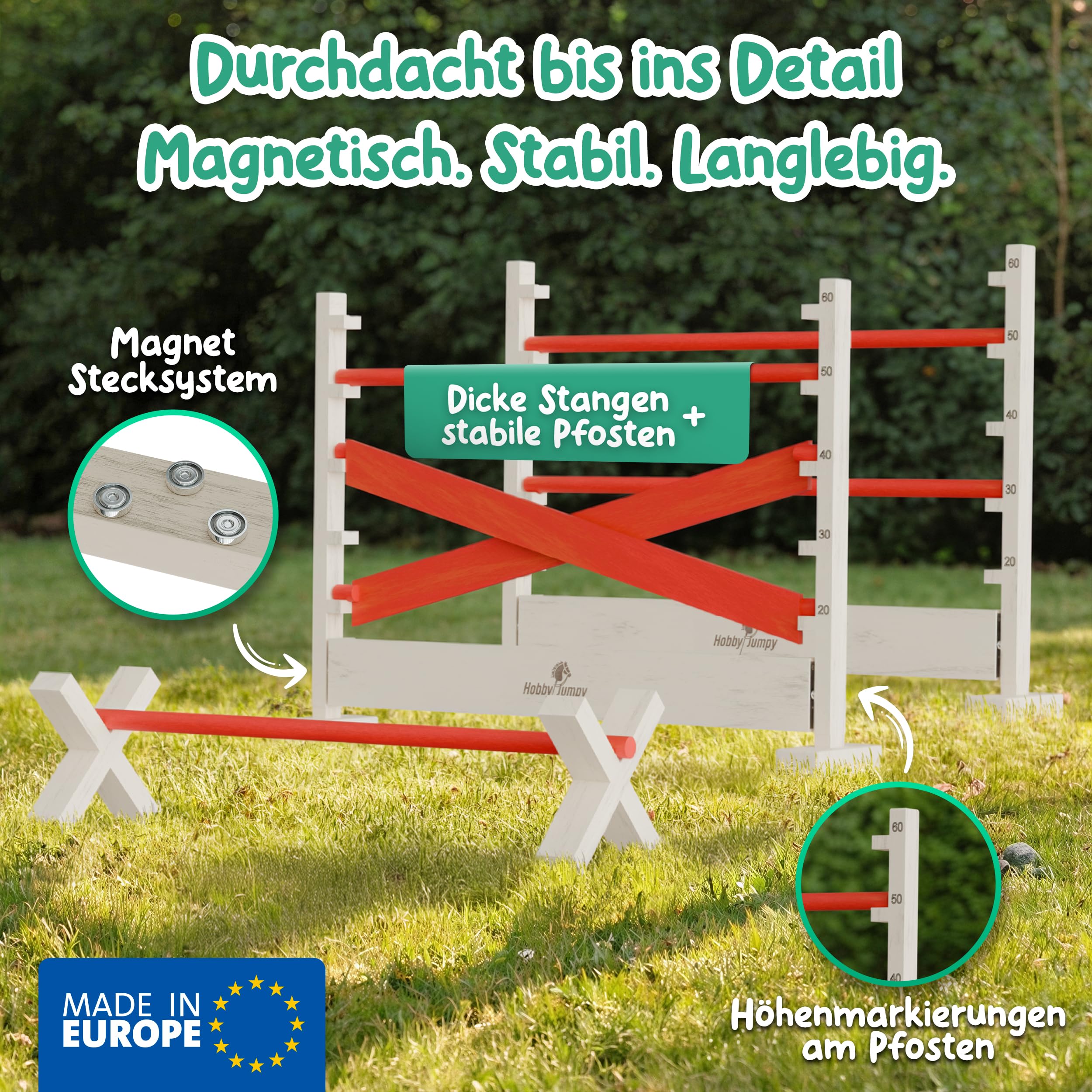 Hobby Horse Hindernisse Set höhenverstellbar – Magnet-Stecksystem massives Holz/Hobby Horsing/Hürden & Cavaletti für Kinder 3er-Set farbig