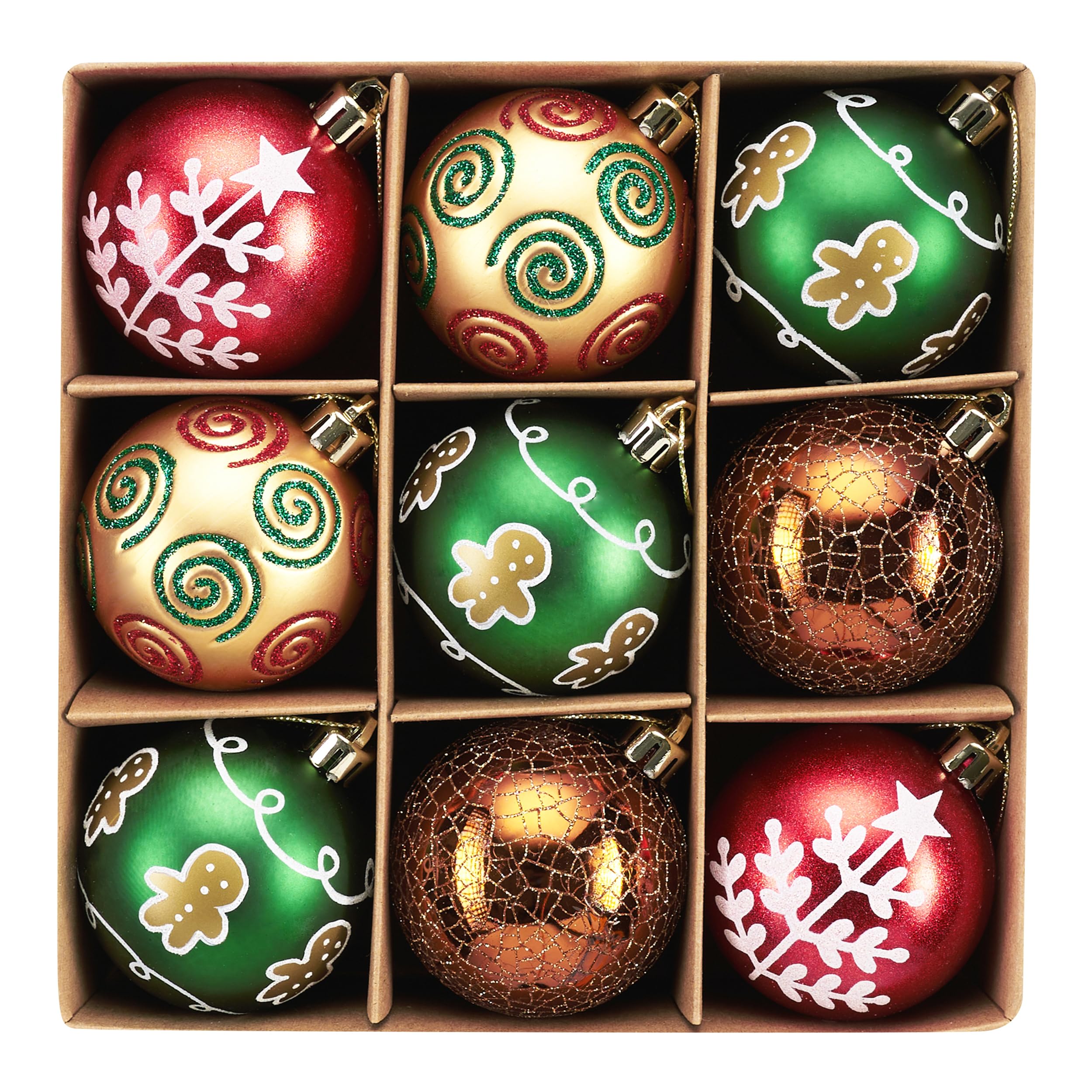 DecorbyHannah Christmas Ornaments, Red Gold Green, 9ct, 60mm, Shatterproof, Gingerbread Theme, Hanging, 9 Count