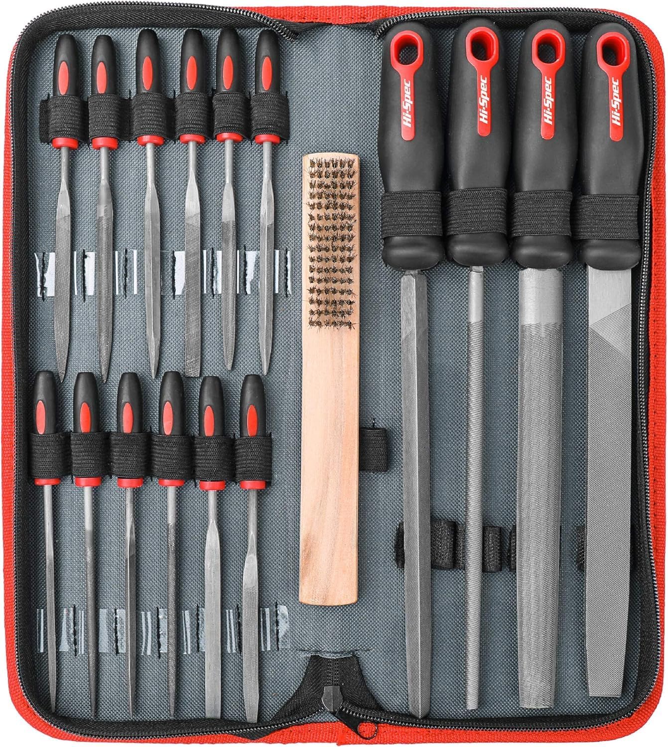 Hi-Spec 17pc Metal Hand & Needle File Tool Set – T12 Steel Mini & Full-Size Flat, Round & Triangle Files for DIY Woodworking, Metal Shaping, in Zipper Case with Brush