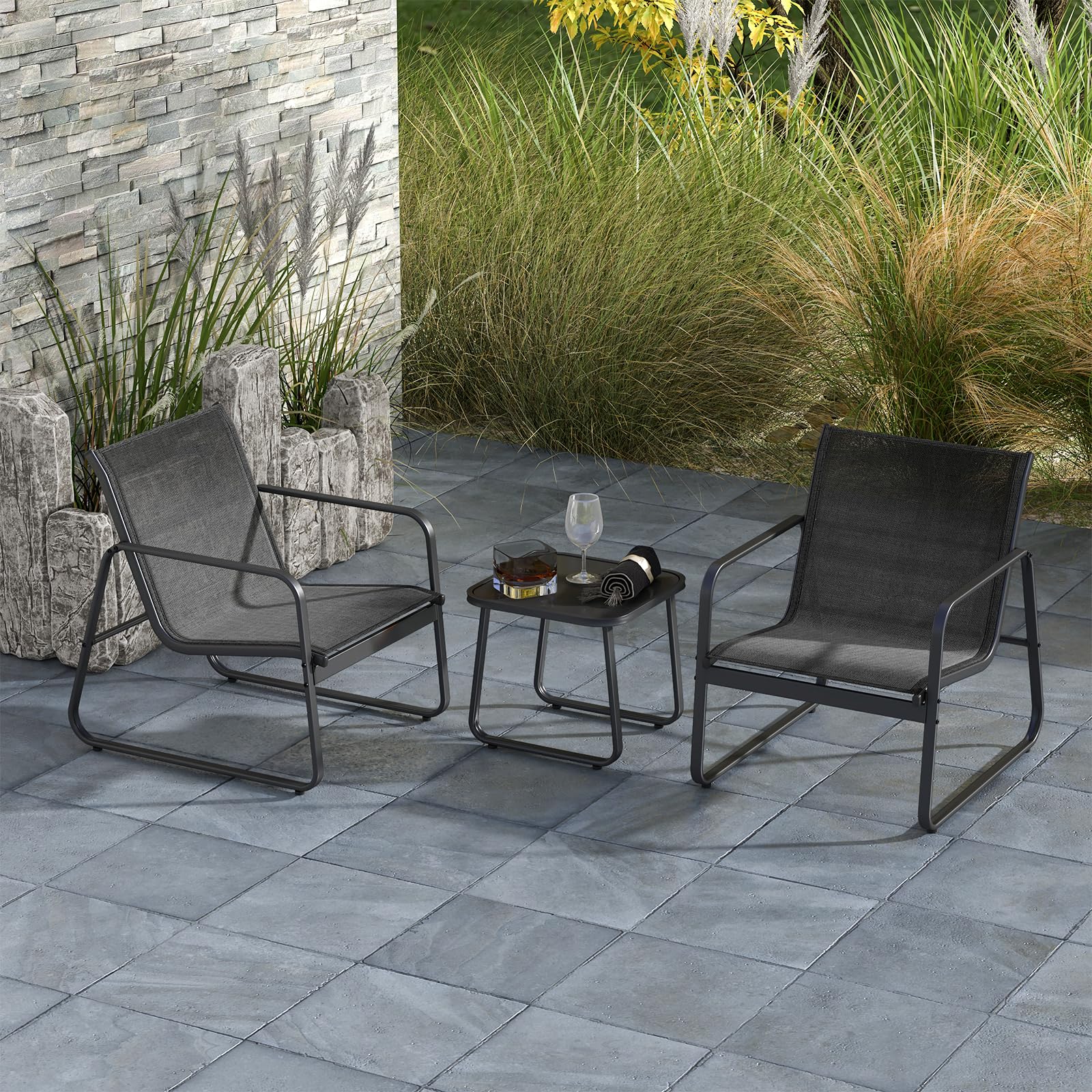 COSTWAY Conjunto Mesa y Sillas Jardin 3 Piezas, Conjunto Jardin Exterior Mesa y Sillas, 2 Siilas de Tela Transpirable y 1 Mesa Encimera de Vidrio Templado,Terraza Balcón (Negro)