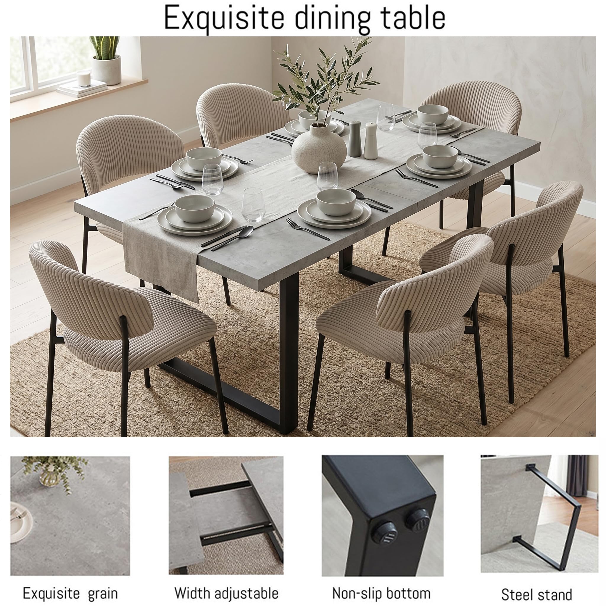 Table salle à manger extensible 130x170 cm MDF ciment 6 chaises textiles moderne