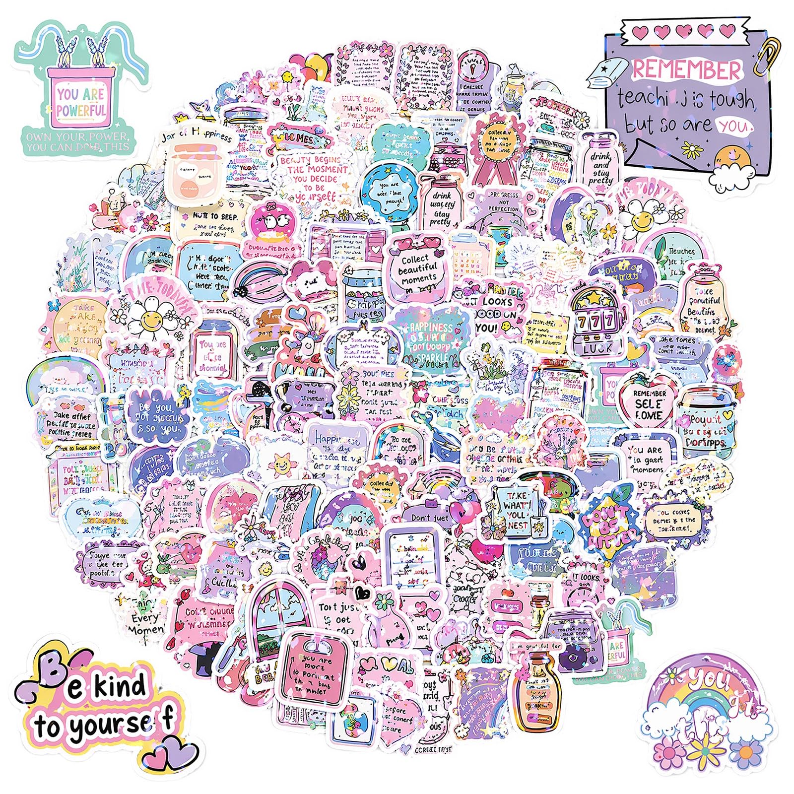 Holographic Motivational Stickers 200PCS, Waterproof Vinyl Positive Affirmation Quotes for Journaling, Planners, Scrapbooking & Self Care, Cute Aesthetic Decals for Laptops