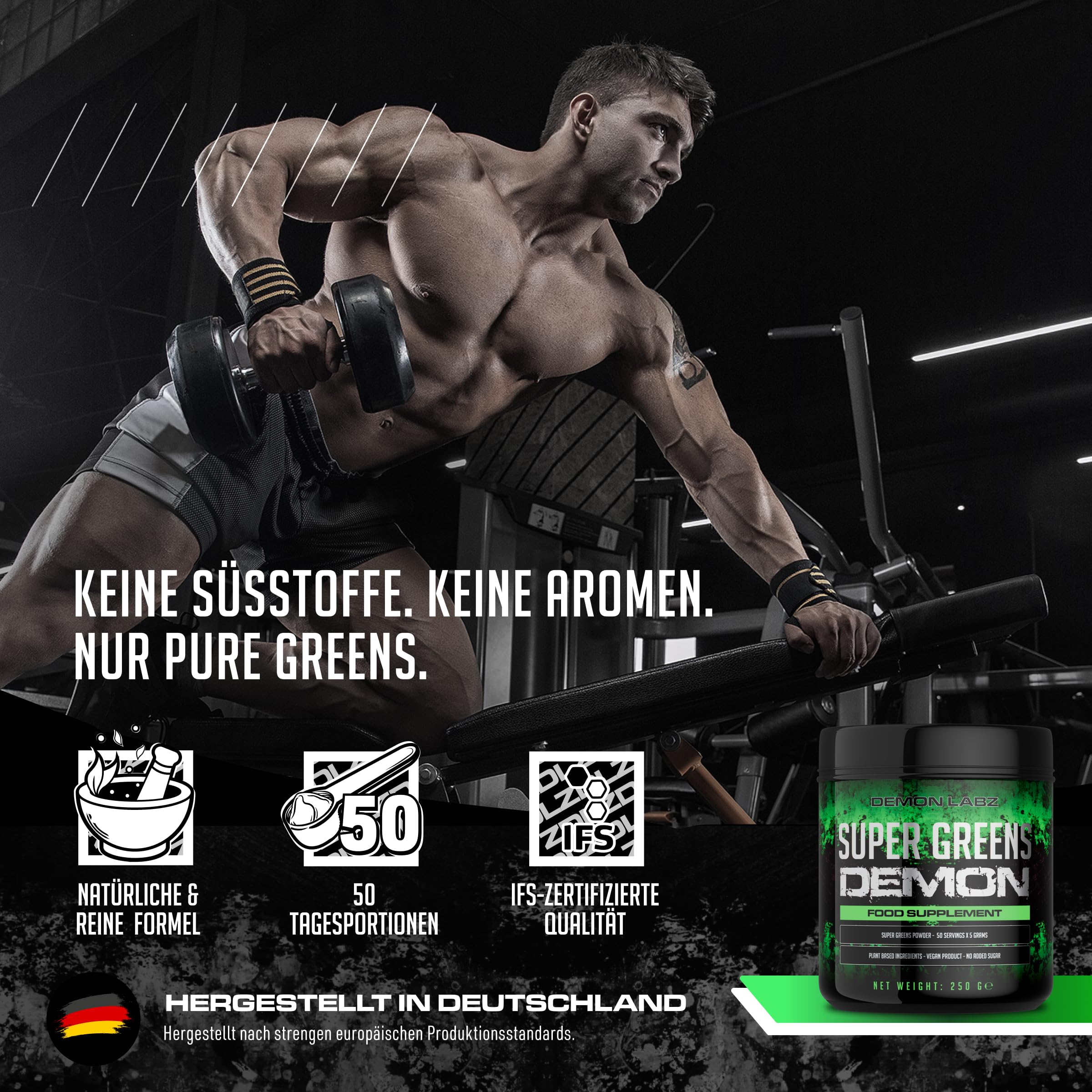 Super Greens Demon - Vollgepackt mit Gemüse und Superfoods, Vegan & Vegetarierfreundlich, Superfood-Pulver, Smoothiepulver gemischt in Deutschland ohne künstliche Zutaten (250g, 50 Portionen)