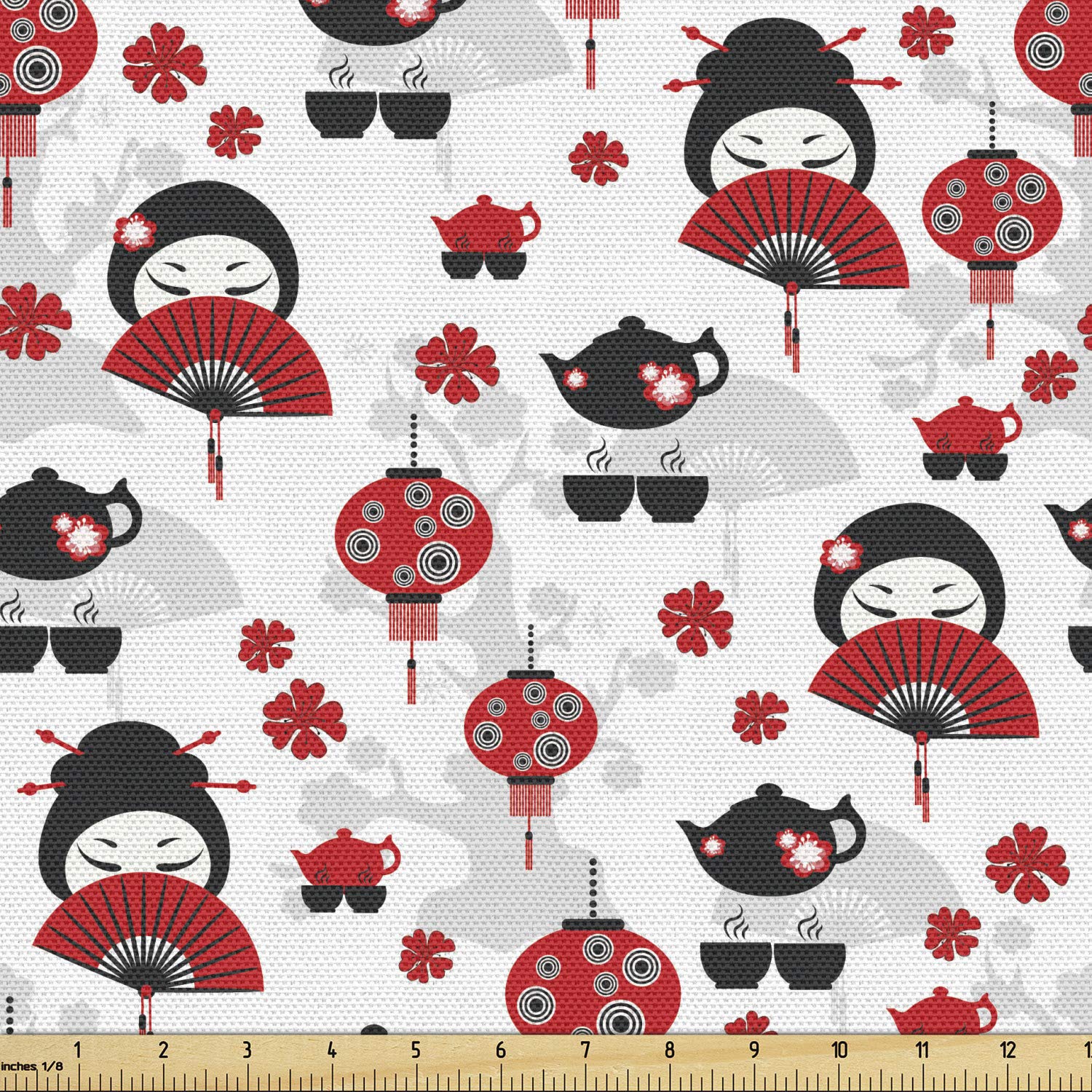 Lunarable Lantern Fabric by The Yard, Geisha with Japanese Fan Chinese Traditional Tea Pot Floral Graphic Design, Decorative Fabric for Upholstery and Home Accents, 1 Yard, Black Red