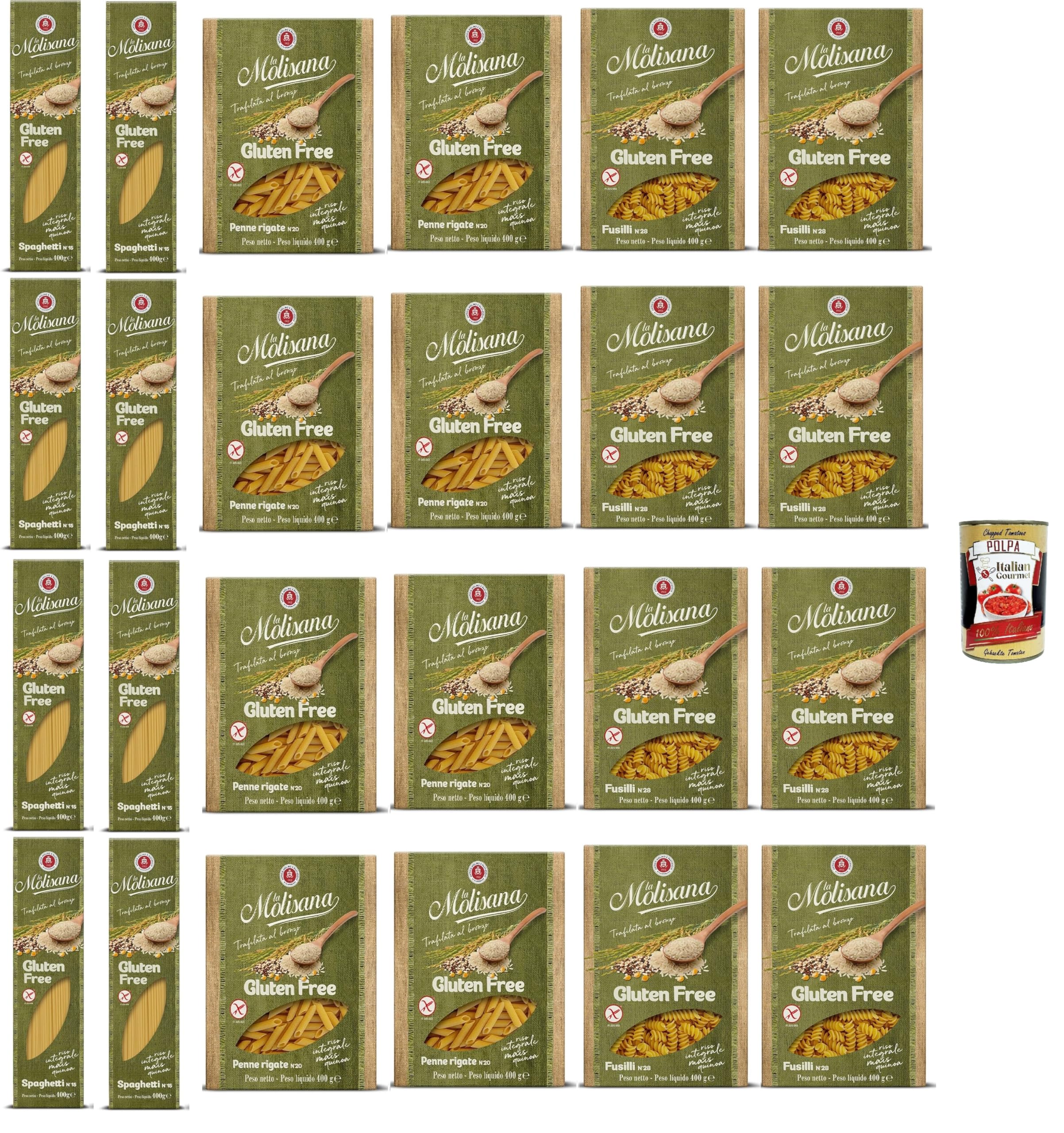 Italian Gourmet Pasta Senza Glutine Spaghetti Fusilli Penne Mix 24 x 400g | Aus Vollreis, Mais und Quinoa, trafilata al bronzo, ohne Weizen, Kochzeit, Gesamtnettogewicht 9,6 kg + Kostenlos Polpa 400g