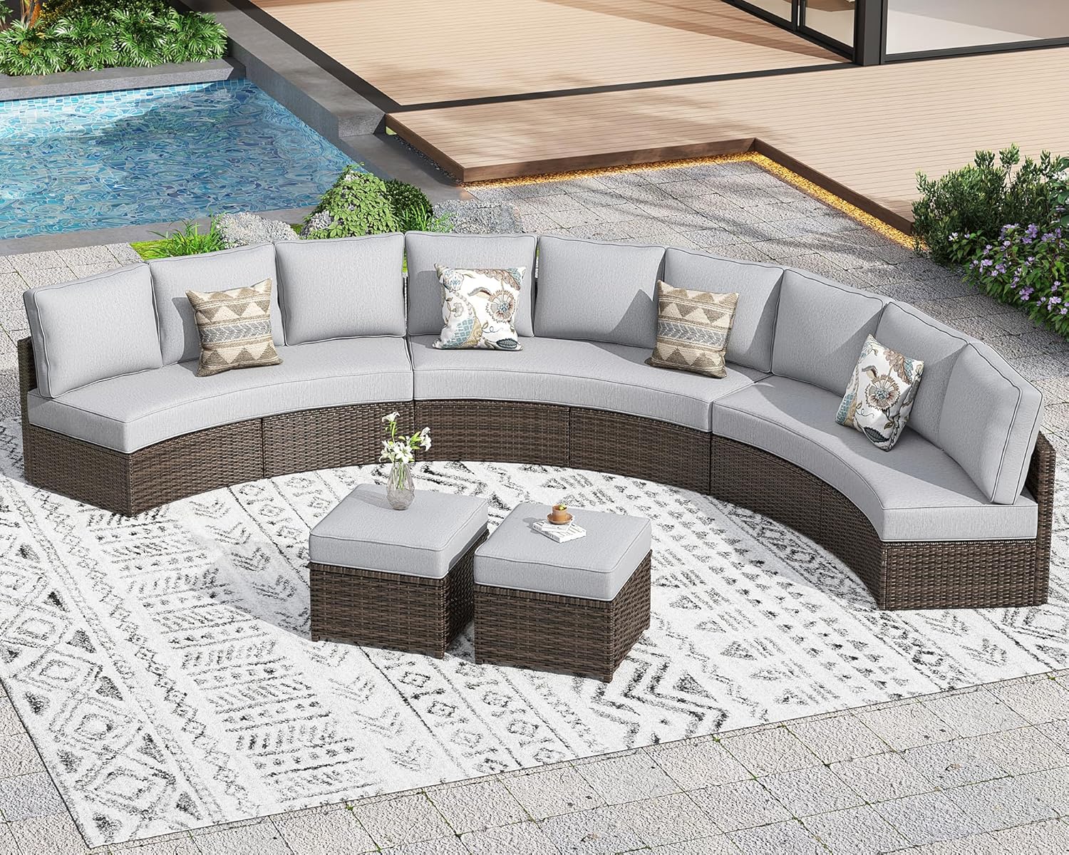 11 Piece Outdoor Patio Furniture Set, Half Moon Patio Sectional Set with Soft Cushions and Ottoman, All Weather Rattan Wicker Curved Outdoor Sofa for Backyard Patio Garden