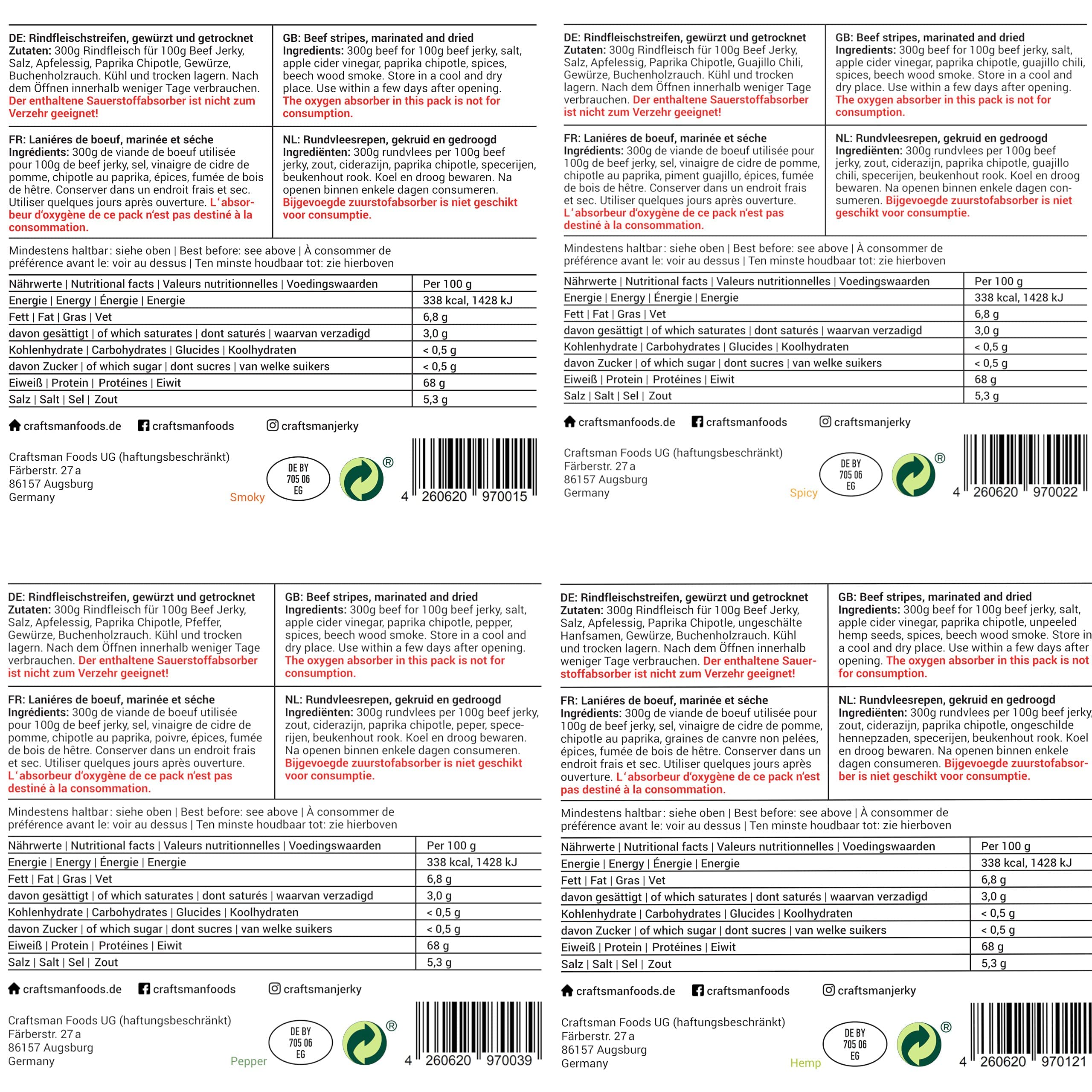 Craftsman Beef Jerky Superpack | Set 8x 50 g (400 g) Trockenfleisch Mix Set | Weiderind, Rindfleisch aus Bayern, Alle Sorten, Manufakturverfahren, Probierpack