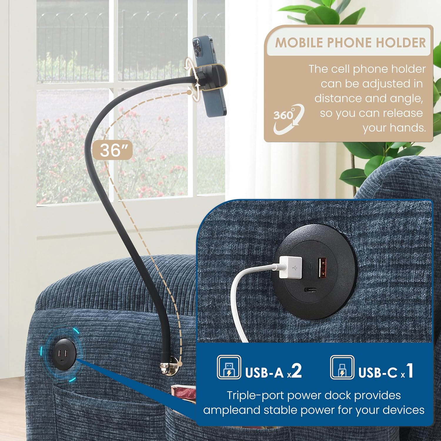 Ball & Cast Oversized Modular L-Shape Sectional Sofa with Extra-Wide Seat Cushion&Ottoman,4 Seat Striped Chenille Upholstered Couch W/USB Charger,Phone Holder&2 Side Pockets,for Living Room,Blue Gray