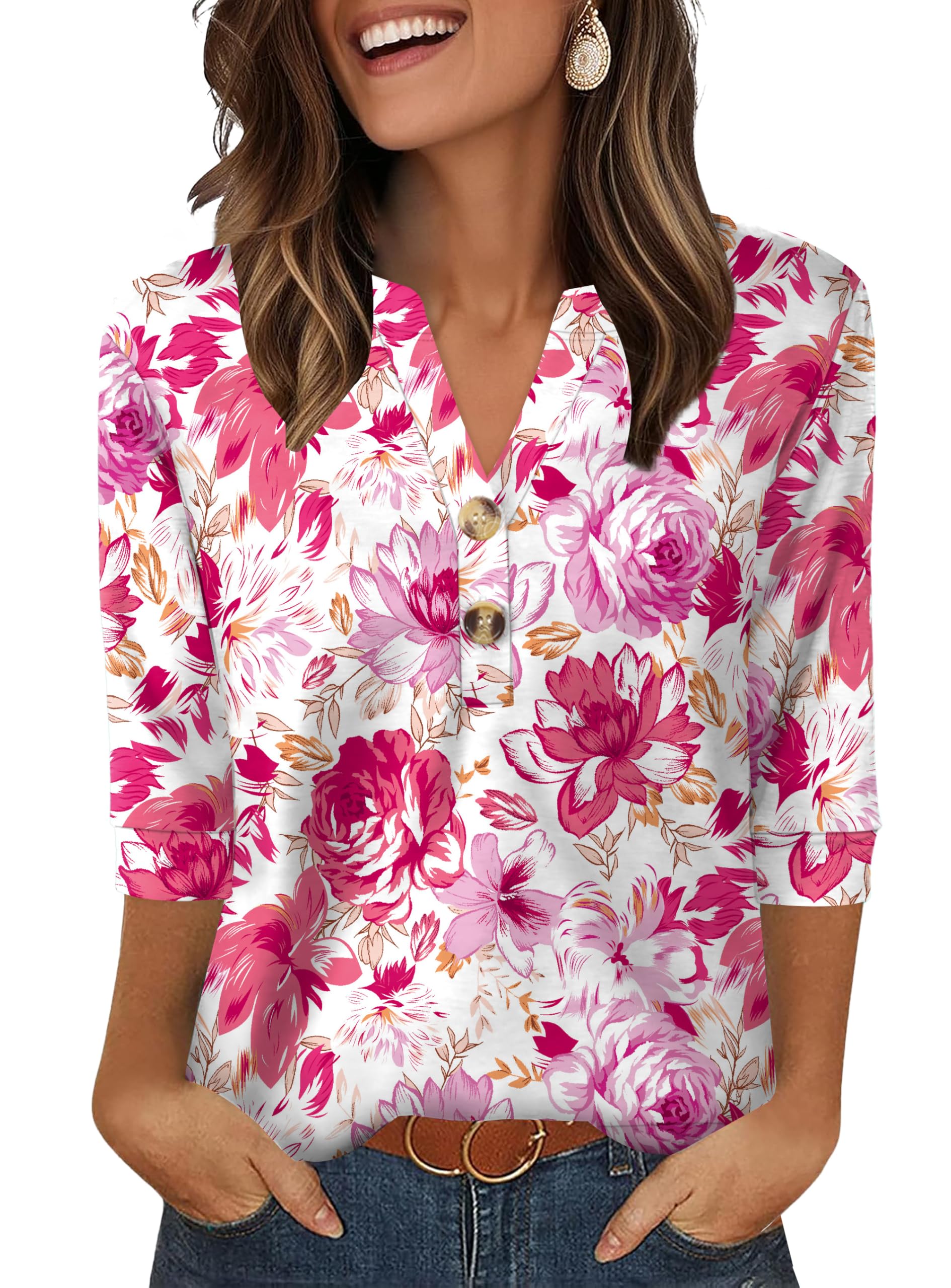 Aokosor Womens 3/4 Sleeve Tops Ladies Blouse V Neck Tunic Long Sleeve T Shirts Curved Hem Office Wear — view 8