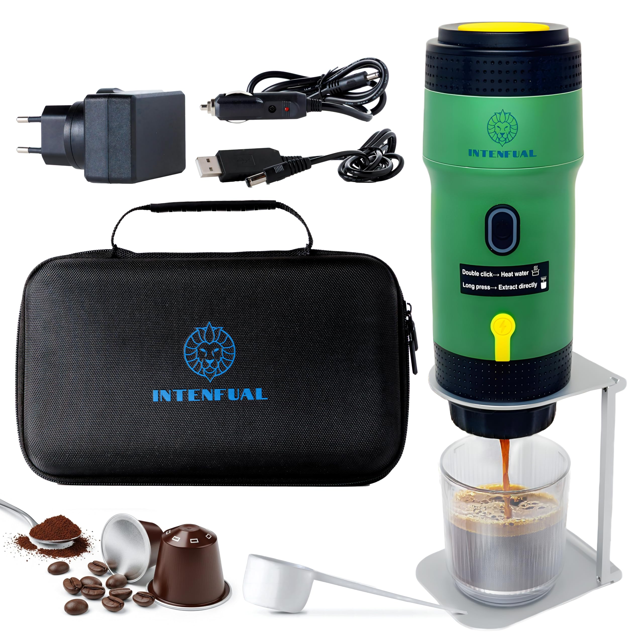 Cafetera Portátil Espresso, Autocalentable con Batería 12V, Compatible con Cápsulas Nespresso, Dolce Gusto y Café Molido para Viajes y Coche, Ideal para Camping y Exterior