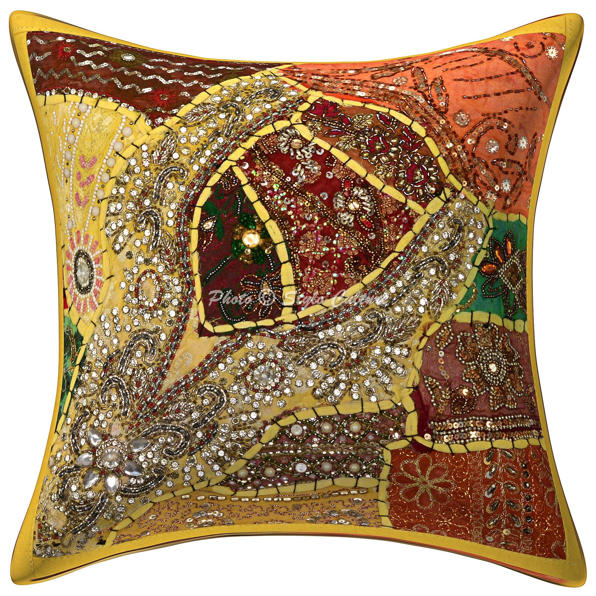 Bohemien Dekorativ Baumwolle Couch Kissenbezüge 40x40 cm Gelb Dekokissen Perlenbestickt Patchwork Schlafzimmer Sofa Kissen Bezüge Halsdesign Quadrat Kissenhullen - 5 STK.