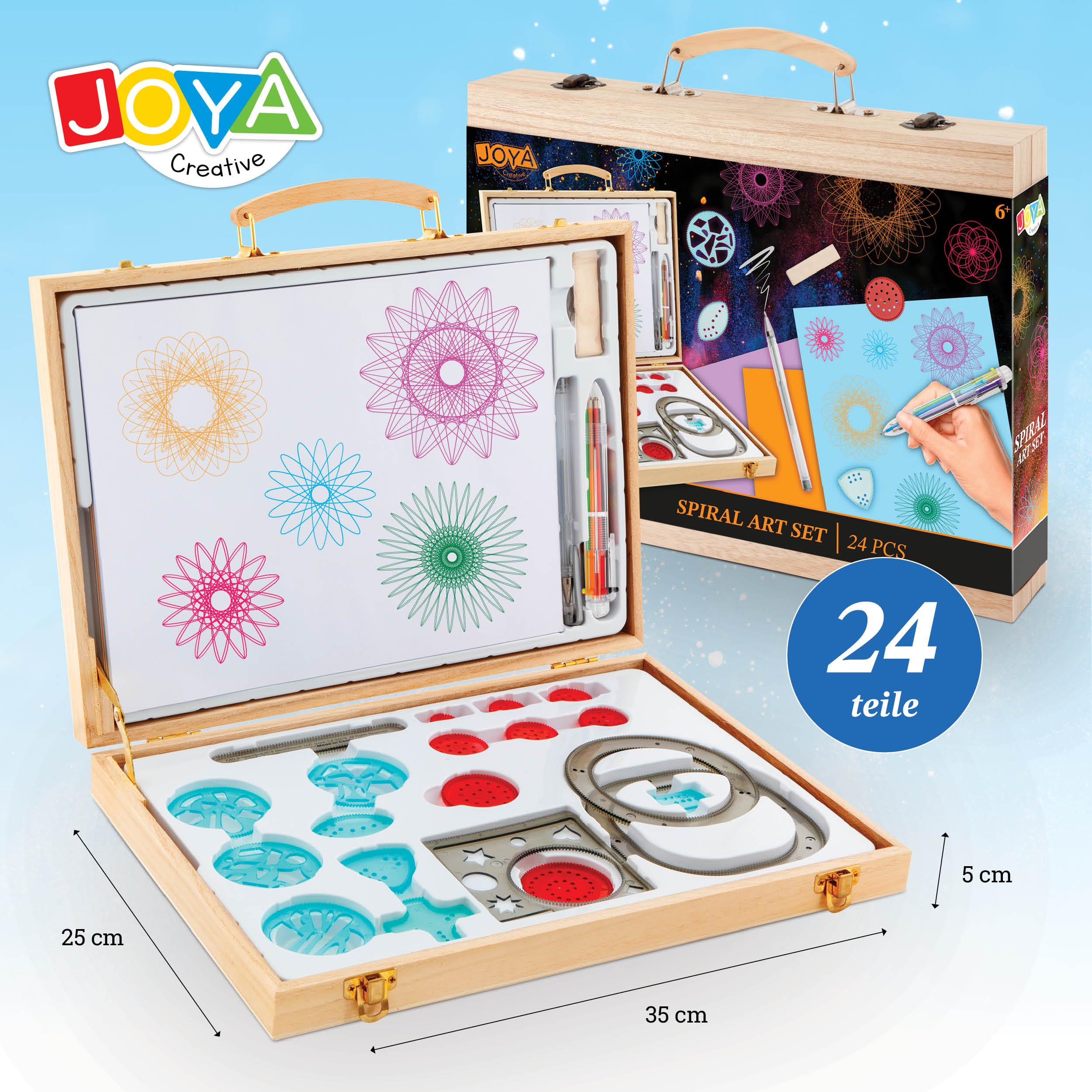 Spiral Art Set für Kinder – 24-teiliges Spirographie-Set in Deluxe-Holzetui – Kreatives Zeichen- und Malset – Spiral Designer für Kinder – Mandala Maker – Zeichenset