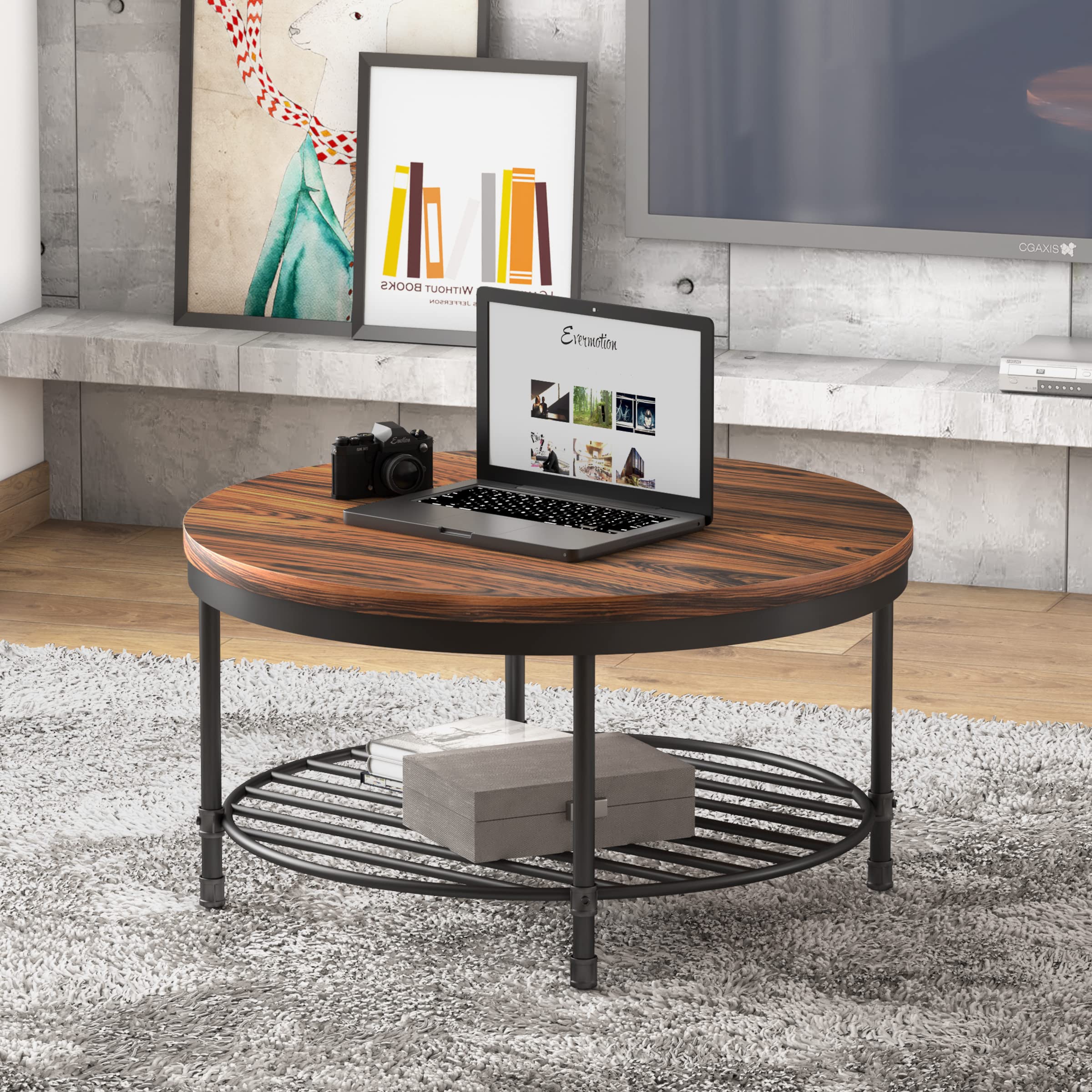 Amazon.com: Round Coffee Table, Rustic Wood Surface Top & Sturdy