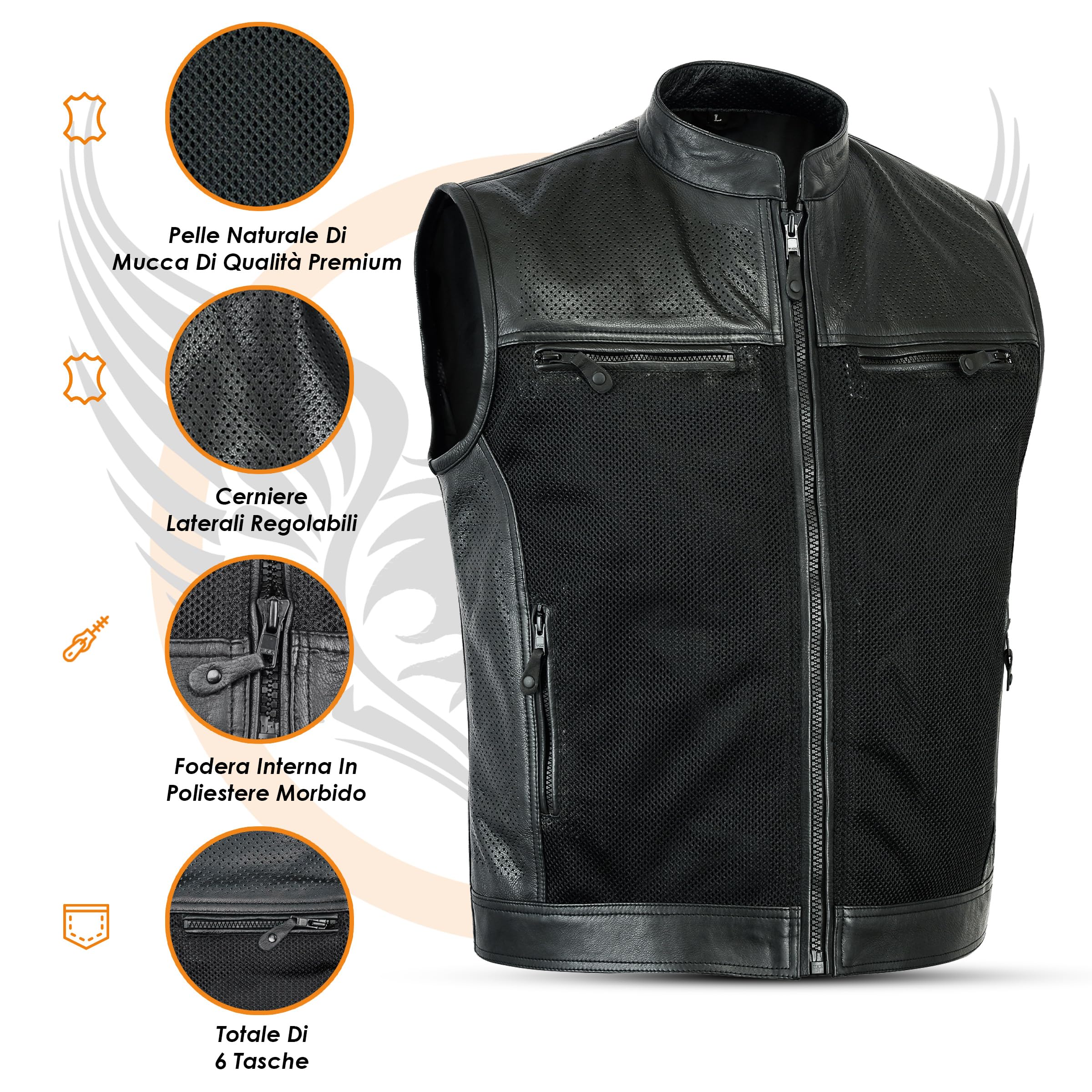 Leatherick Gilet nero da uomo in vera pelle resistente stile traforato, stile Super