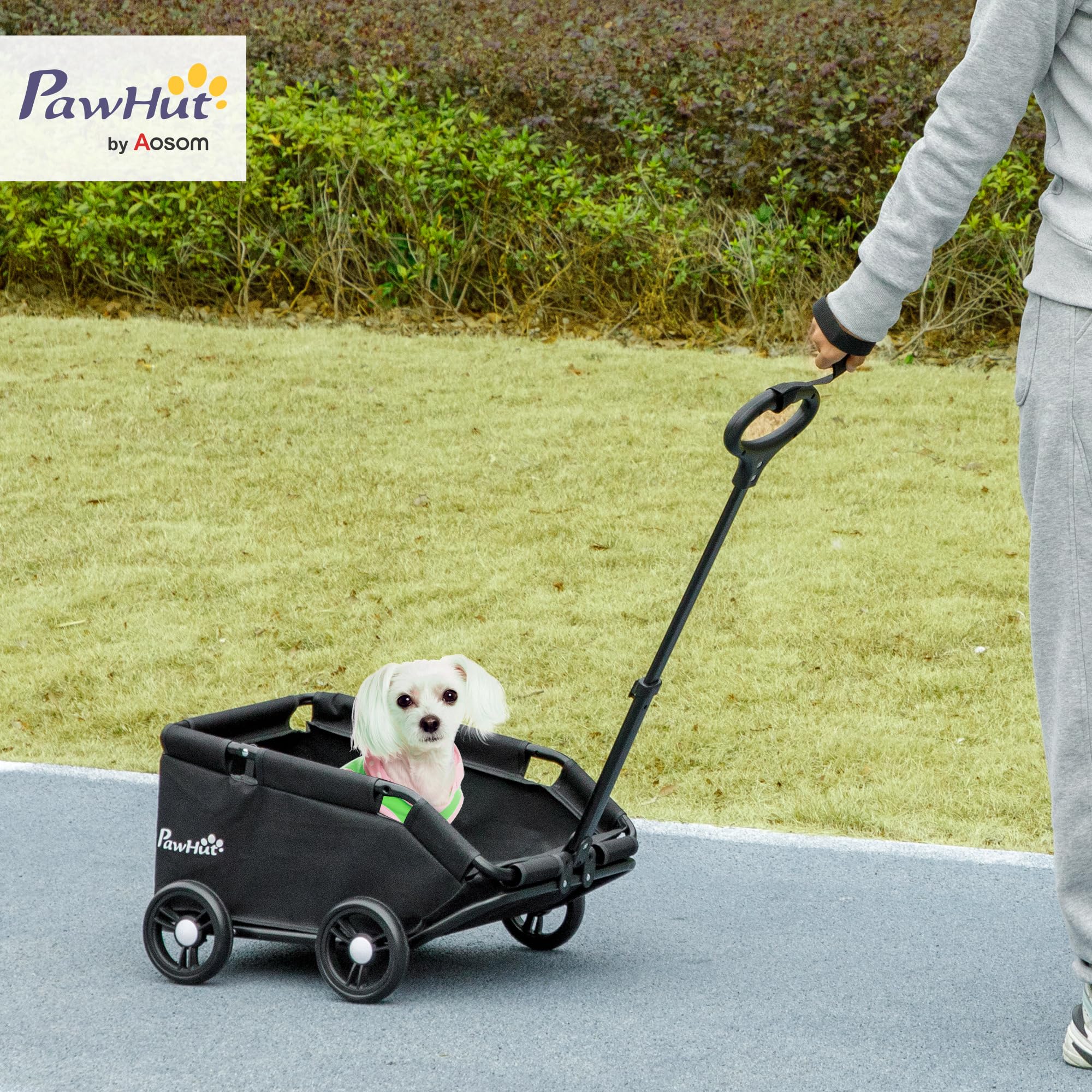 PawHut Carrito para Perros Plegable Cochecito para Mascotas Carrito para Perros Miniatura con Barra de Empuje Ajustable Diseño Abierto Cojín Bolsa de Almacenamiento y Ruedas 53x45x28 cm Negro