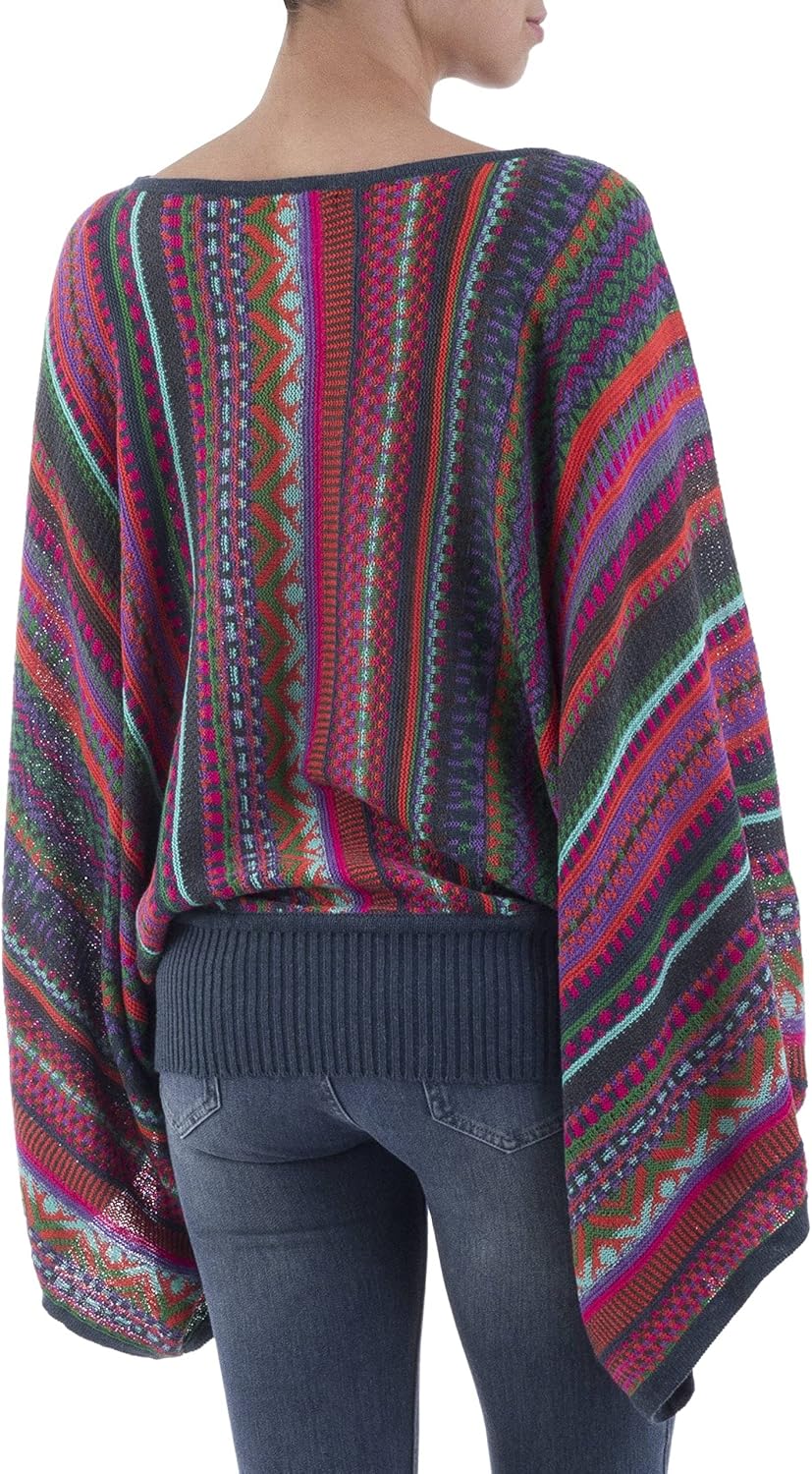 NOVICA Artisan Handmade Striped Kimono Sleeve Sweater Colorful Alpaca Wool Blend from Peru 'Fiesta Dance'