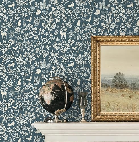 Miniatura 4 de HeloHo Papel tapiz de 16.1 x 118 pulgadas, diseño de hojas florales, color azul, verde, gris, para dormitorio, autoadhesivo, extraíble, impermeable,