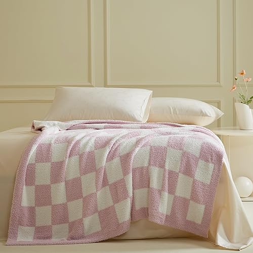 Miniatura 3 de MIDO HOUSE - Manta de microfibra ultrasuave y mullida, manta reversible de punto, diseño de ajedrez, para cama, sillón, rosado, 52 x 63 pulgadas