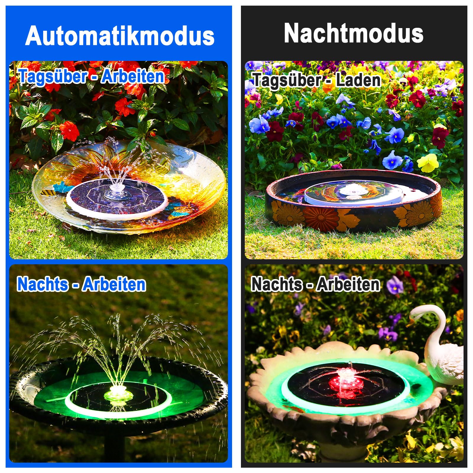 AISITIN 6,5W LED Solarbrunnen für Draussen Verbessert mit 3300mAh Akku, Solar Schwimmender Fontäne Pumpe mit Verschiedene Sprüh Effekten,mit Lichtleiste, Solar Springbrunnen für Außen für Garten,Teich