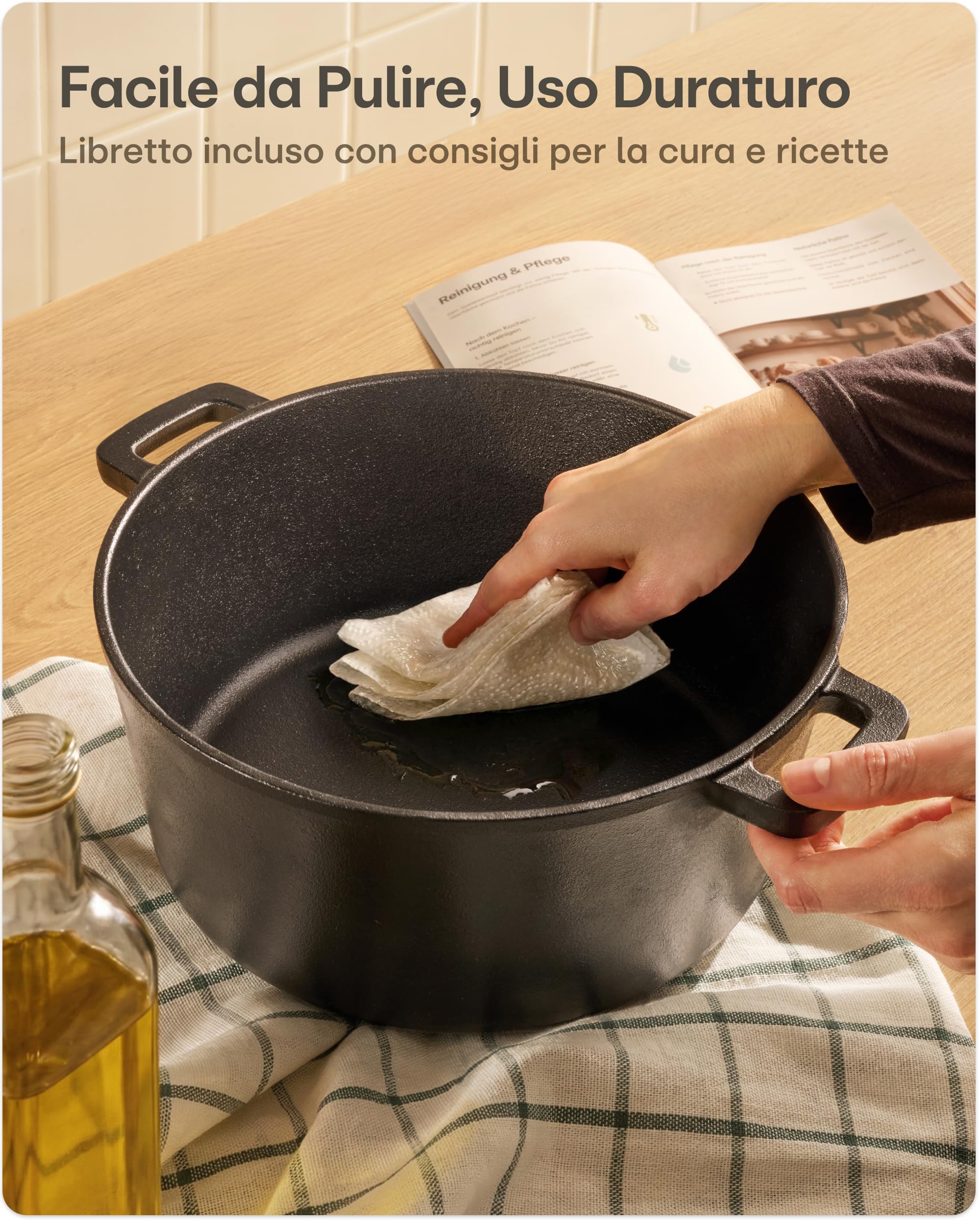 Praknu Pentola Ghisa 26 cm – Casseruola In Ghisa Set – con Cestino Lievitazione & Sacchetto Per Pane – Coperchio Incluso – 4,7 L Dutch Oven