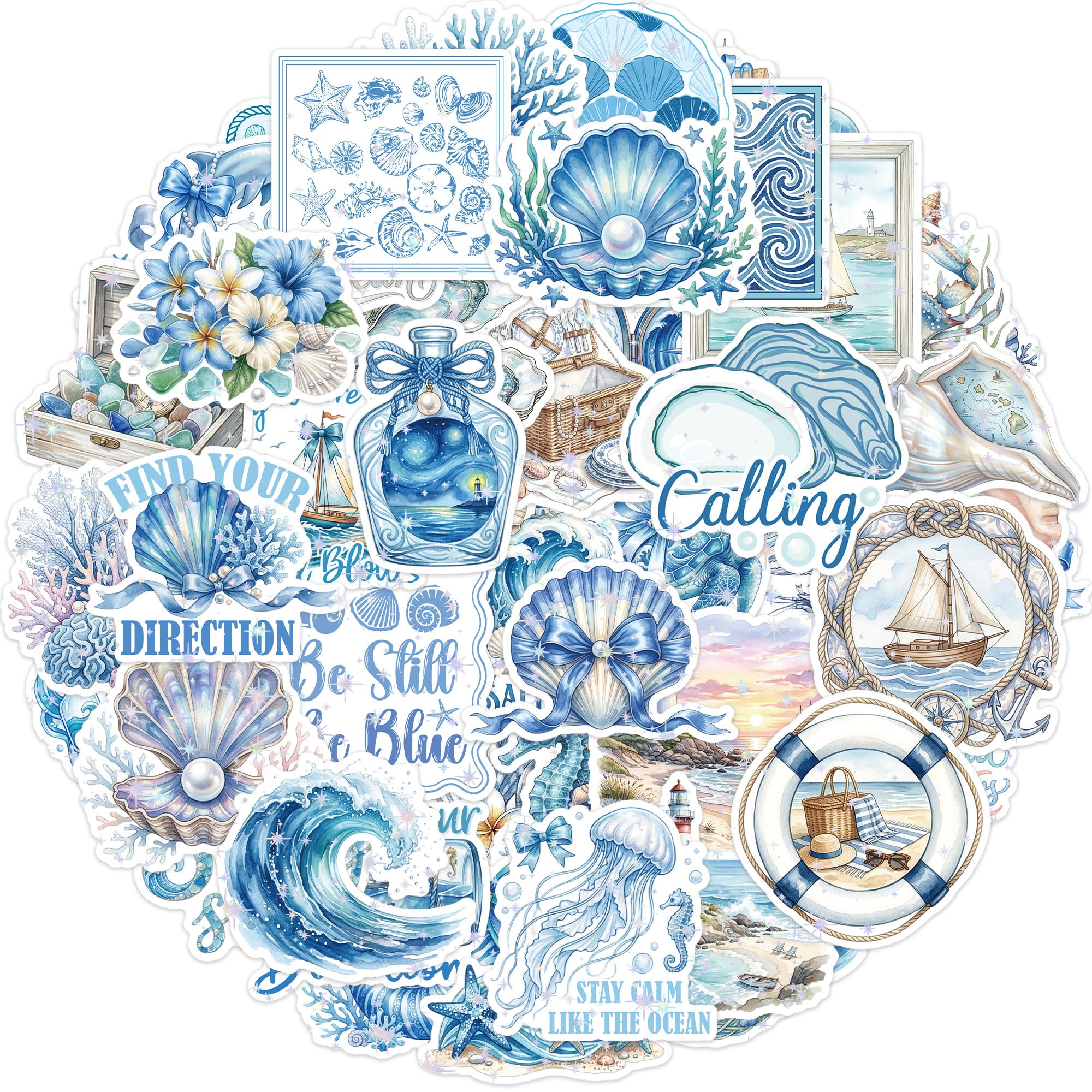 100Pcs Ocean Stickers, Watercolor Sea Life Sticker Pack Shell Turtle Seahorse Waterproof Vinyl Stickers for Scrapbooking Journaling Laptop Water Bottle DIY Decoration
