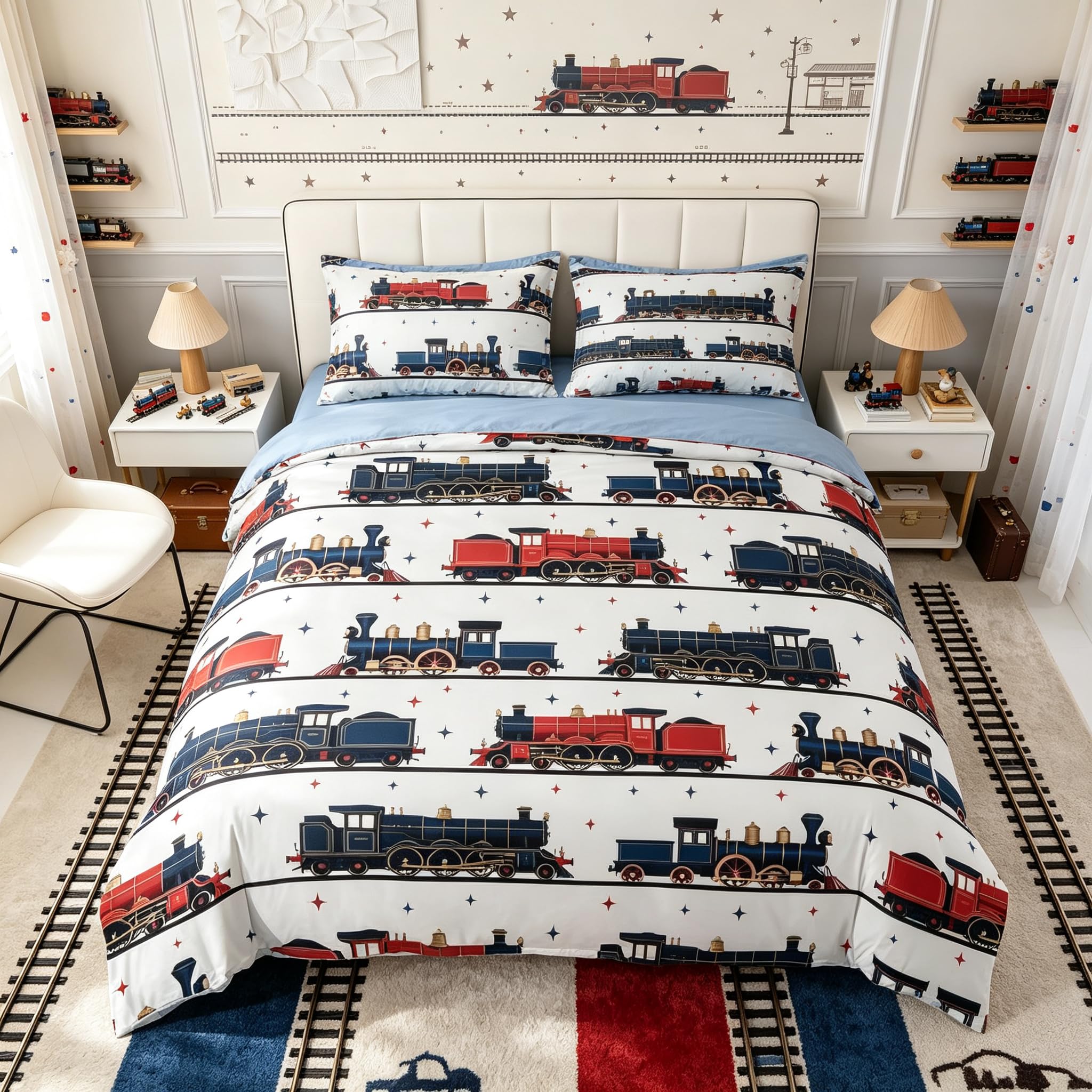 Homemissing Retro Train Duvet Cover Set Single Size Vintage Steam Engine Bedding Set for Kids Boys Girls Cartoon Classic Railway Duvet Cover with 1 Pillowcase