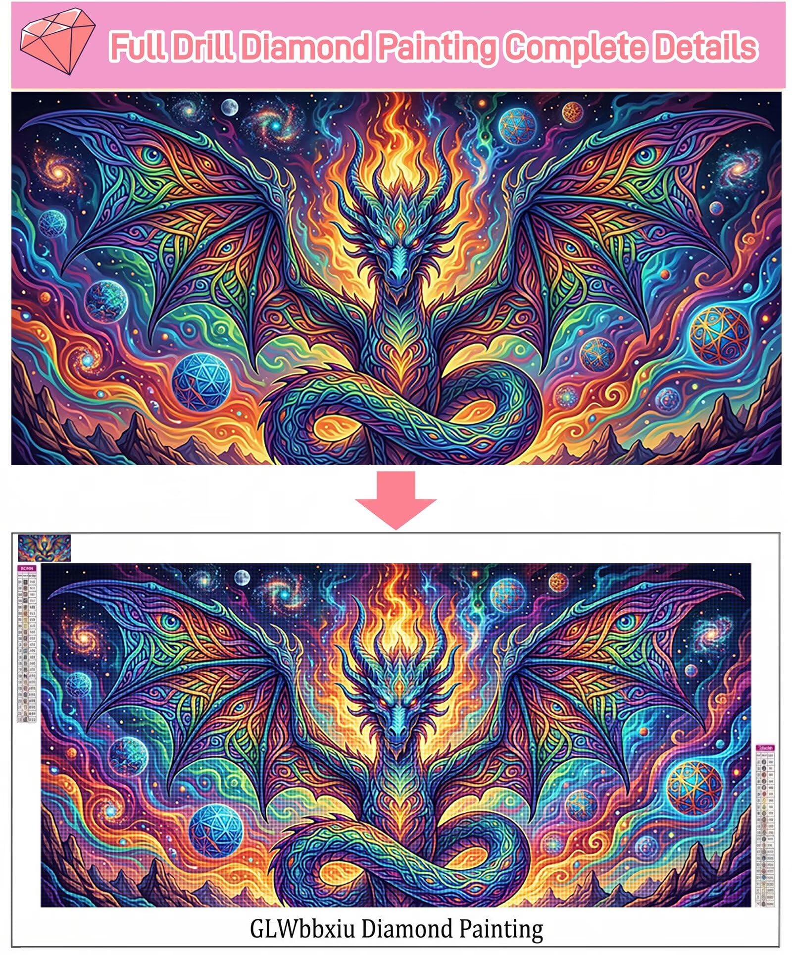 Diamond Painting Drachen Diamant Painting Bilder, 5D Japan Eckige Steine Full Drill DIY Set Erwachsene Diamanten Kreatives für Erwachsene Mosaik Bastelset für Home Decor Wand Deko, 100x200cm, Cod-342