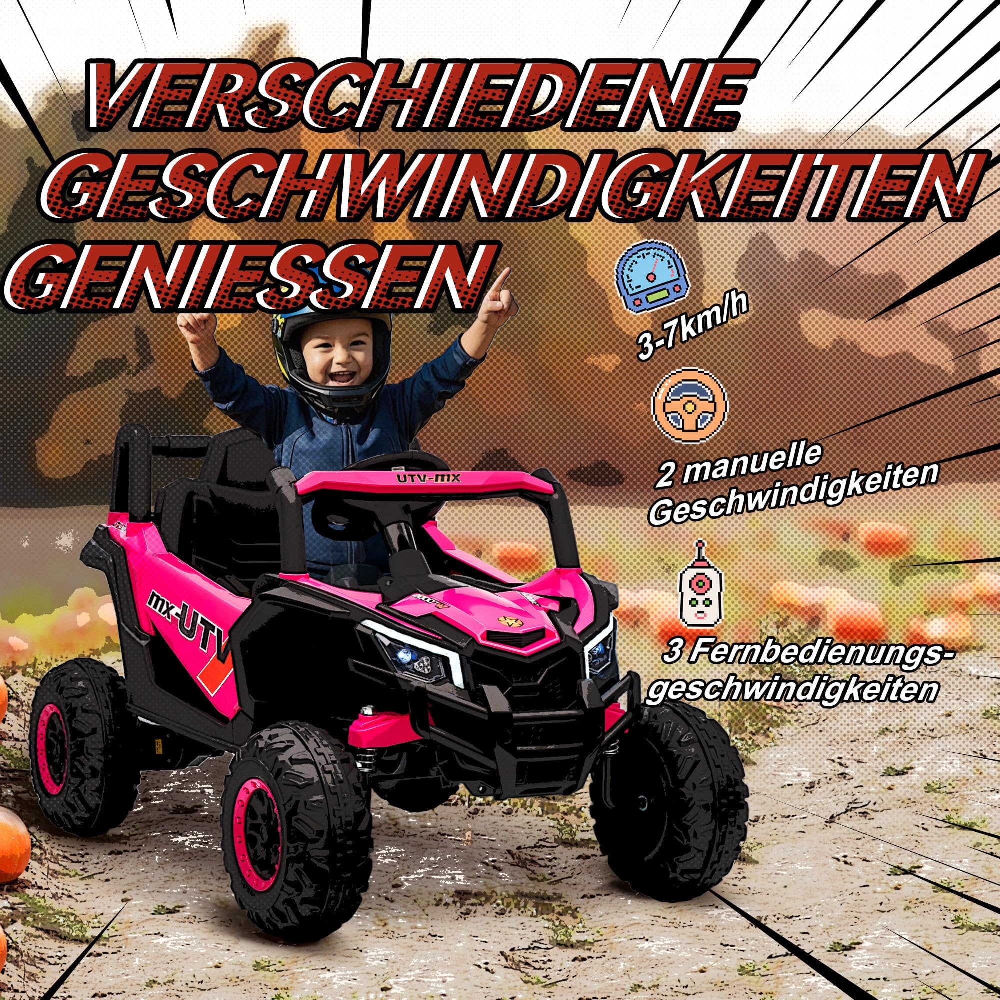 AIYAPLAY Samochód elektryczny dla dzieci 12 V, UTV z pilotem zdalnego sterowania 2,4 GHz, 2 silniki, pojazd dziecięcy z cichym startem, system zawieszenia, diody LED, muzyka, złącze USB, klakson dla 3