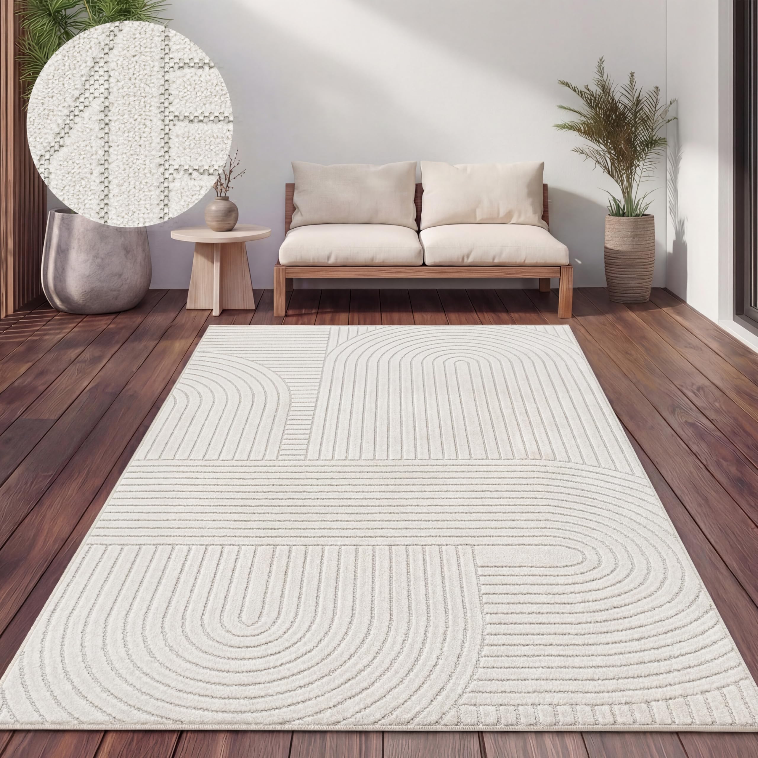 Paco Home Teppich Outdoor Wetterfest, Moderne abstrakte Boho Designs mit 3D Struktur, Pflegeleicht, ideal für Terrasse Wohnzimmer & Küche, Grösse:120x160 cm, Farbe:Creme 8