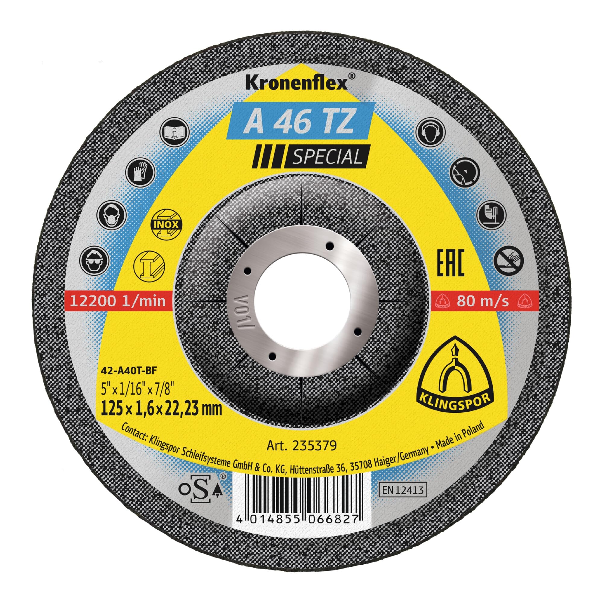Klingspor 235379 A 46 TZ INOX SPECIAL, Trennscheibe INOX, Spezial, Verpackungseinheit 25, 125X1,6X22,23, H, 25