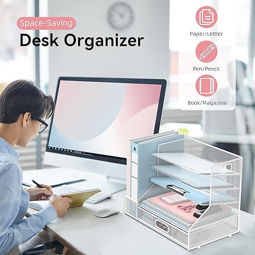 Miniatura 6 de SUPEASY Organizador de escritorio con soporte para archivos, bandeja de papel de malla de 5 niveles y 3 clasificadores de archivos inclinados para