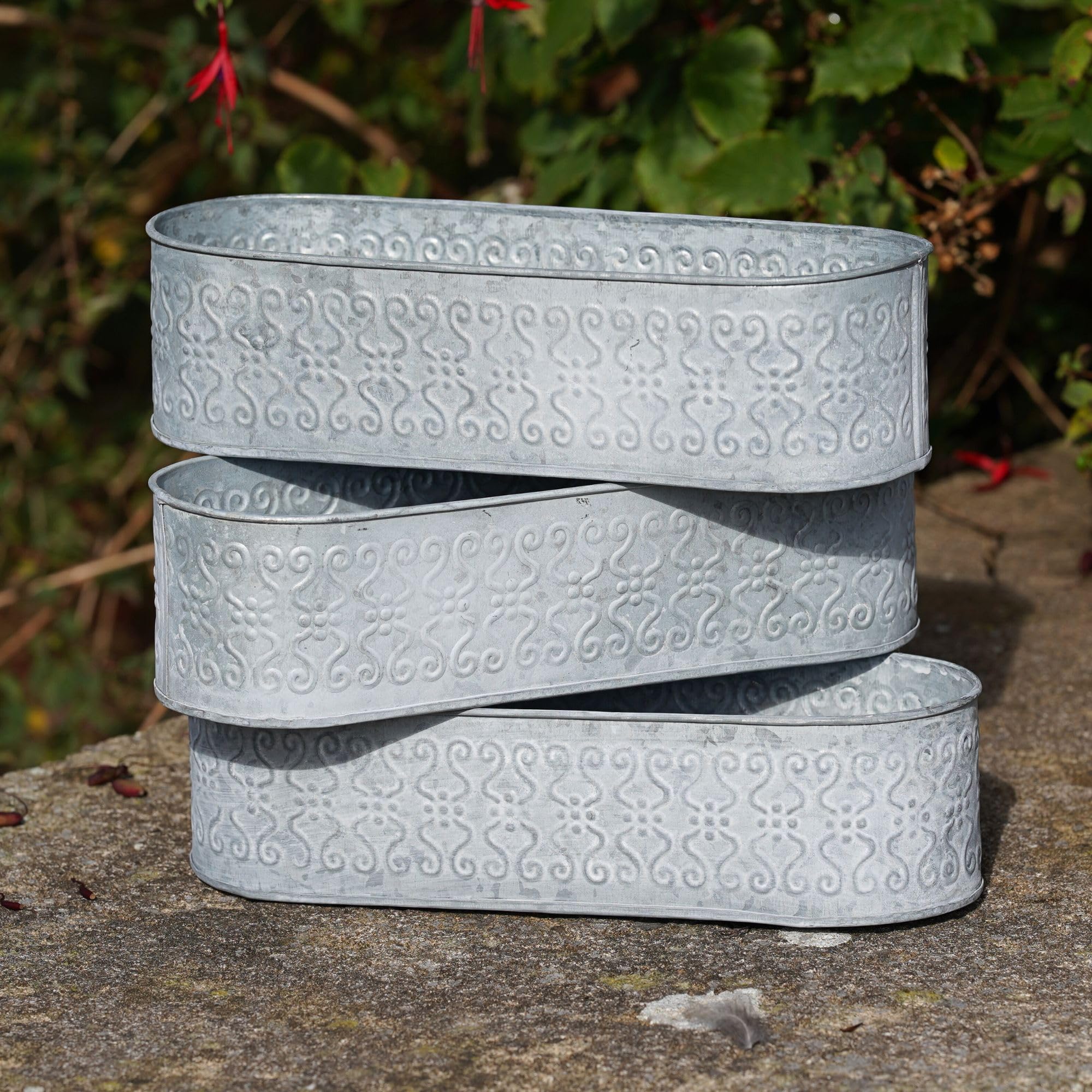 Burgess Home & Garden Grey 3X Floral Window Pots Galvanised Metal Planter Flower Pot Box Three Planters Trough Outdoor Garden