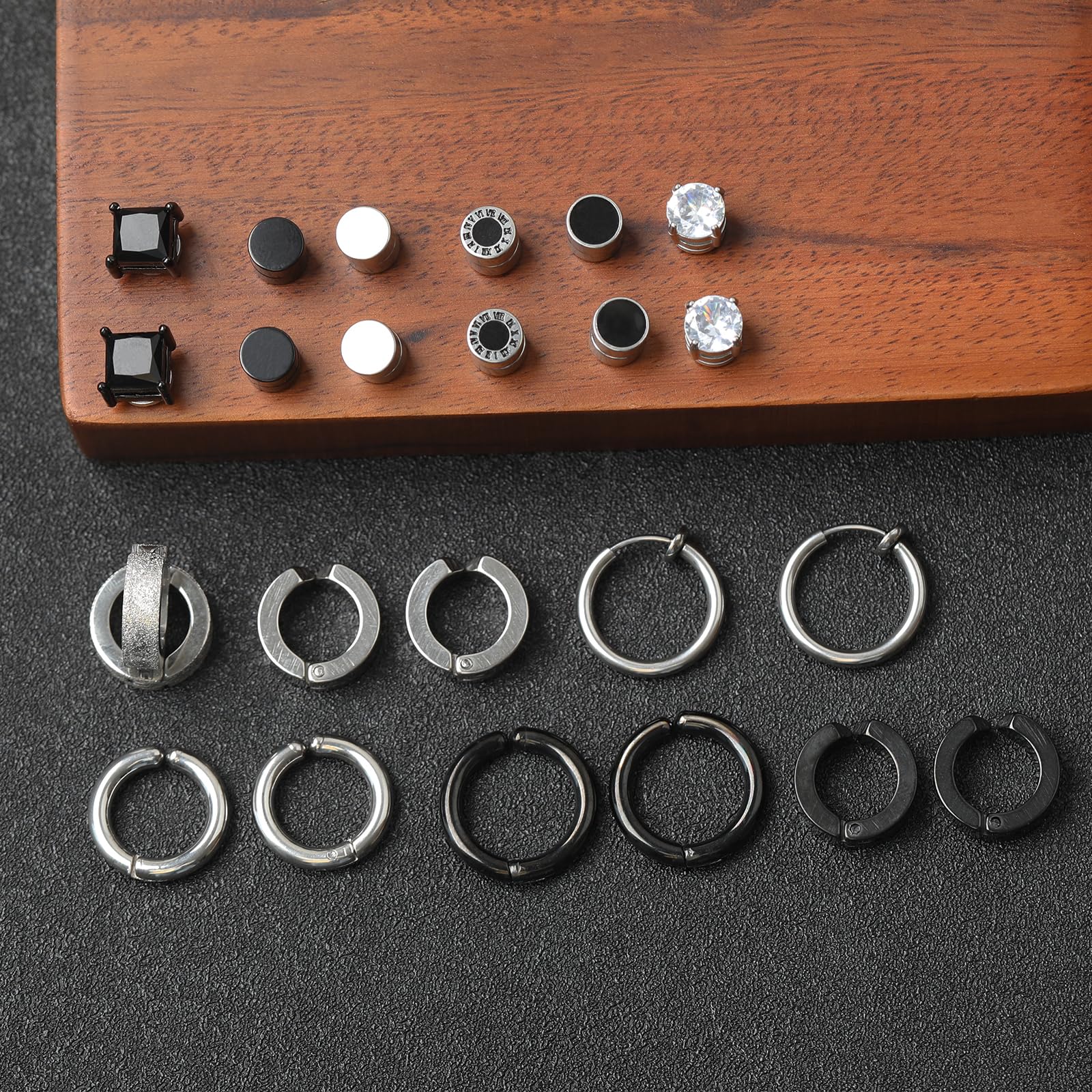 12Paia Orecchini Magnetici Uomo Senza Buco Orecchini con Calamita Acciaio Inossidabile Cerchio Orecchino Clip Non Piercing Orecchino Finti Nero Set Argento