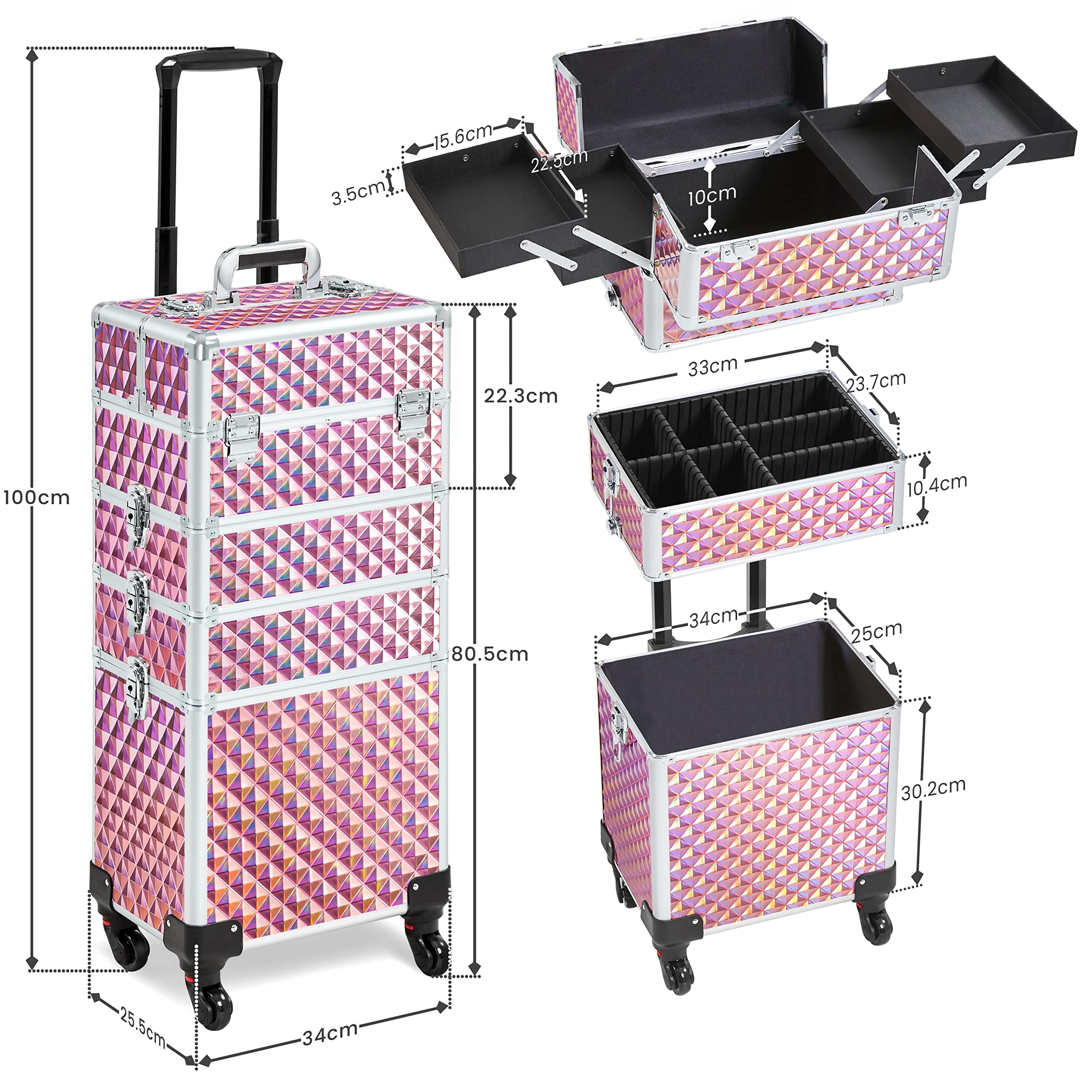 Yaheetech Valise Maquillage Professionnel 4-en-1 Valise Esthetique roulettes Pivotantes à 360° pour Manucure, Voyage, Maquilleur 34 x 25,5 x 80 cm Rose