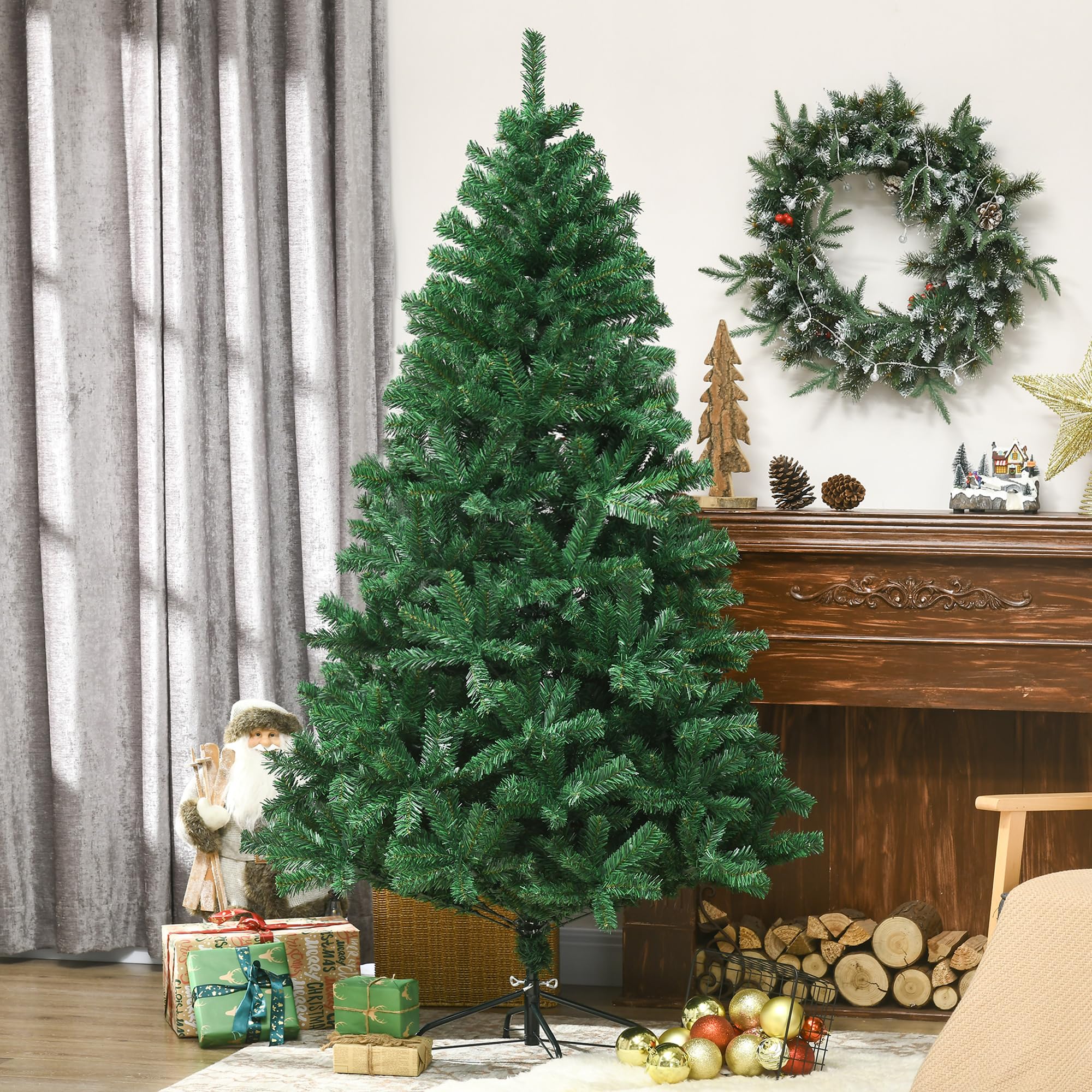 Sapin De Noël Artificiel 195 Cm HOMCOM - Élancé, 390 Branches, Base Acier - Décor Vert Réaliste, Ignifuge