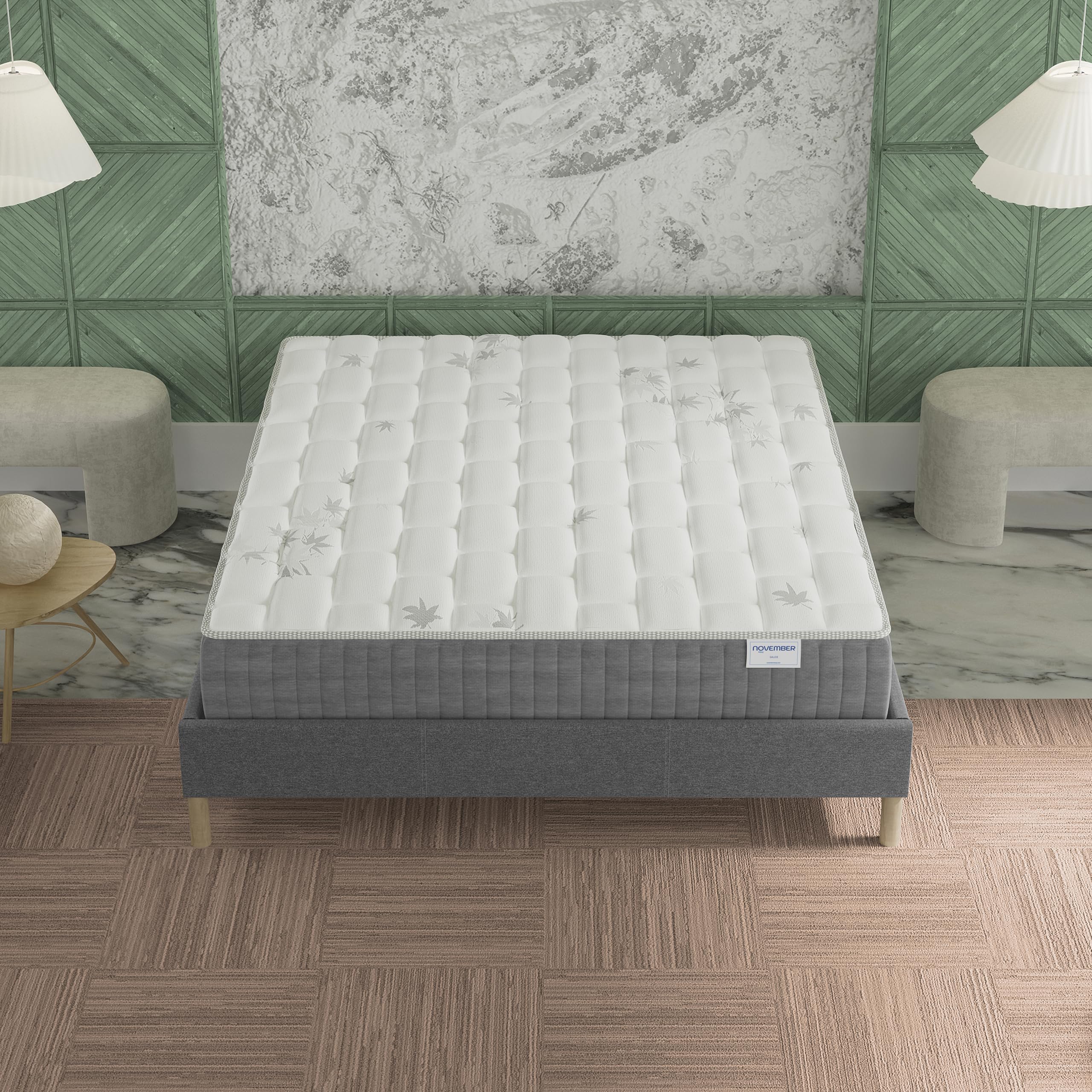 Juego de colchón + somier (120 x 190 cm) – Colchón Galicia Muelles ensacados y memoria de forma de espesor 25 cm + somier madera estable y resistente revestimiento de tela gris
